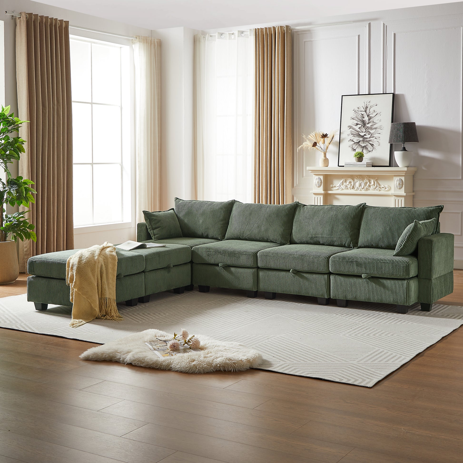 113.5'' Modular Sectiona Corduroy Sofa, Sectional Couches For Living Room U Shaped Sectional Couch With Storage Ottoman, 6 Seats Convertible Sectionals With Chaise Green Corduroy 6 Seat