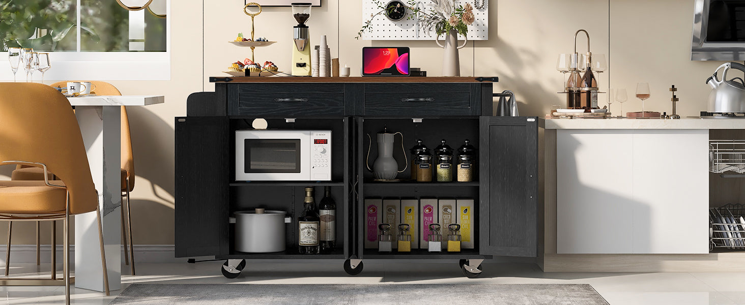 K&K 53.5''Farmhouse Kitchen Island With Power Outlet, Kitchen Storage Island With Drop Leaf, Spice Rack And Drawer, Rolling Kitchen Cart On Wheels, For Home, Kitchen And Dining Room, Black Black