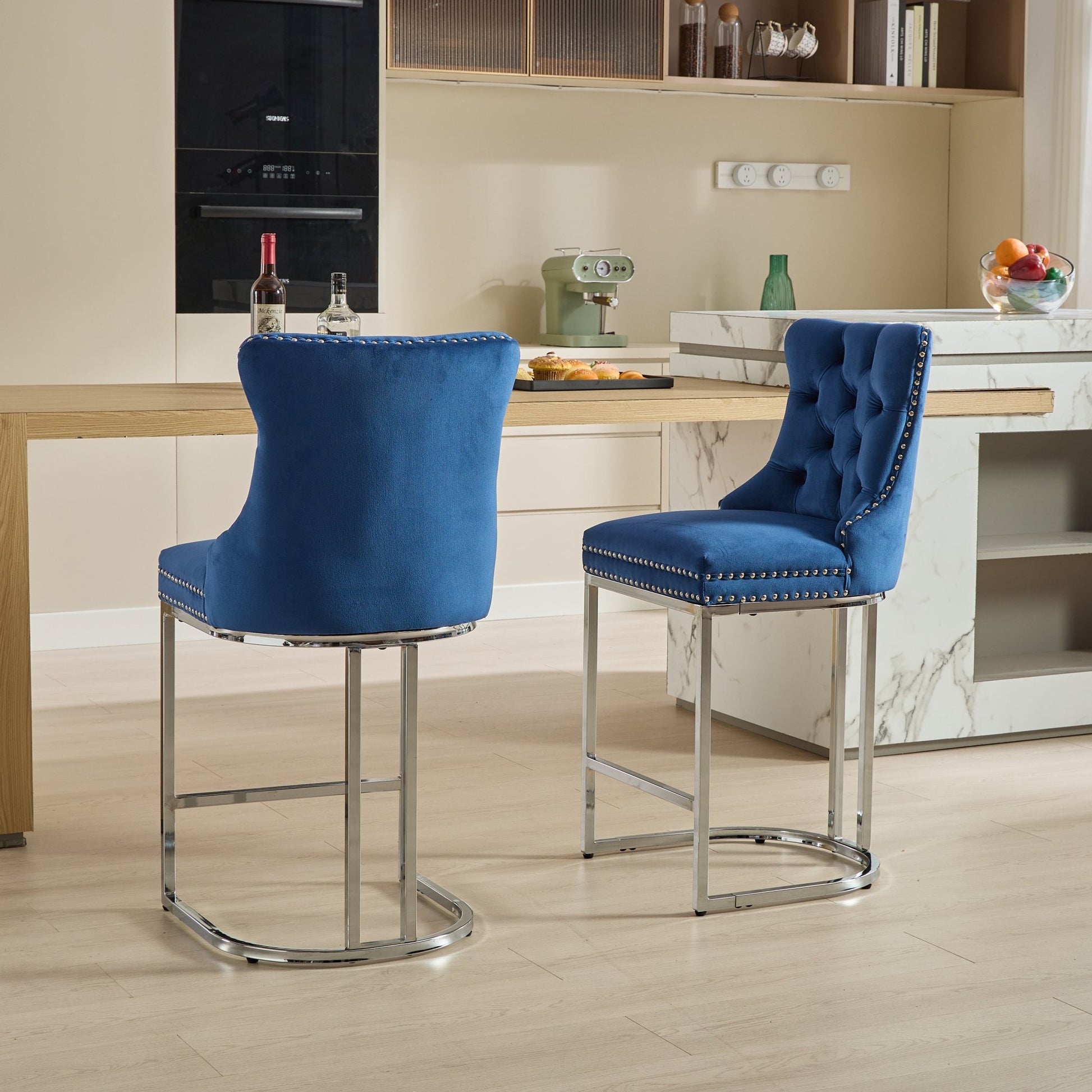 25" Counter Height Bar Stools Set Of 2, Modern Velvet Barstools With Button Back&Rivet Trim Upholstered Kitchen Island Chairs With Sturdy Chromed Metal Base Legs Farmhouse Bar Stools, Blue,2 Pack