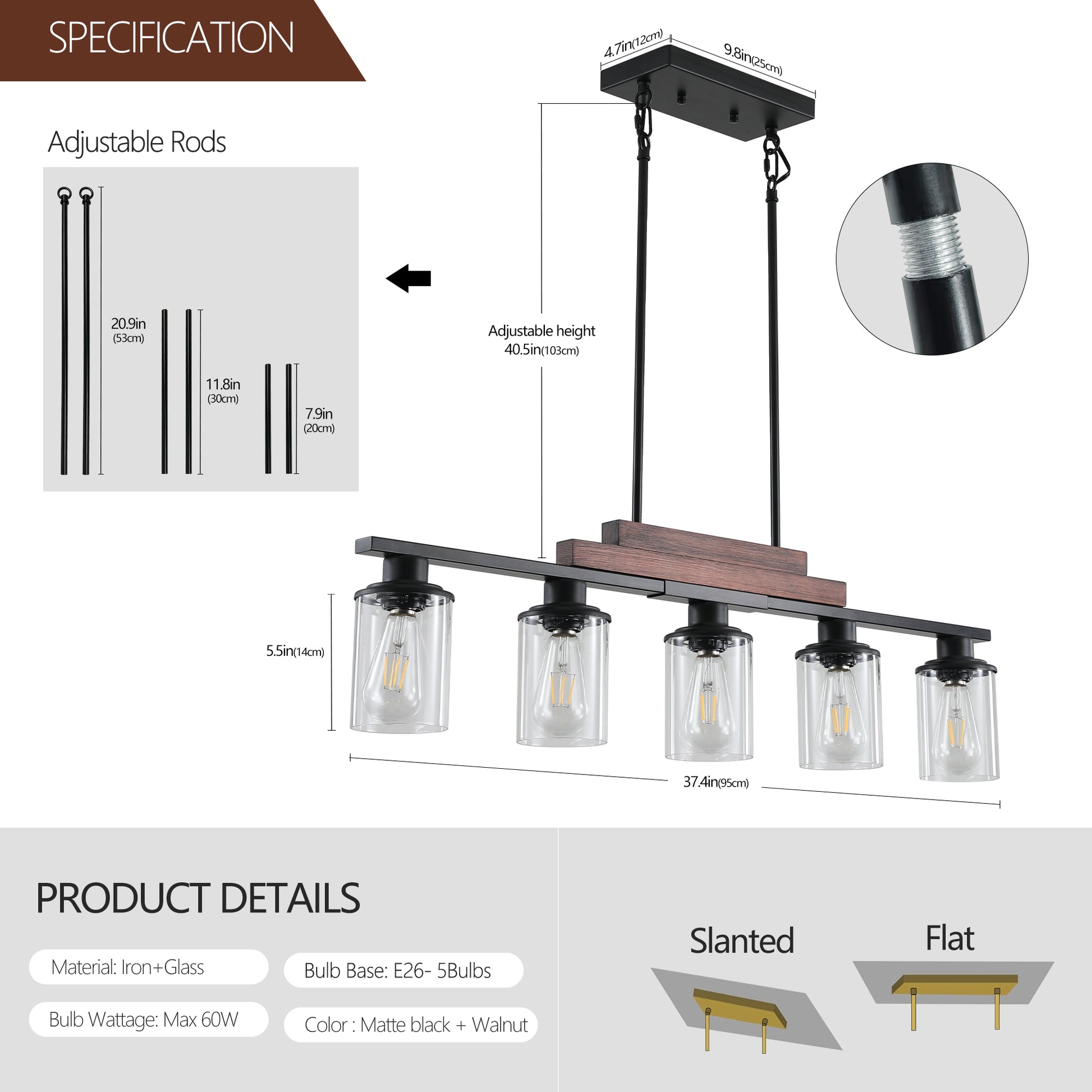 Farmhouse Industrial 5 Light Kitchen Island Pendant Light, Metal Wood Chandelier With Clear Glass Shades, Adjustable Height Hanging Fixture For Dining Room, Living Room, And Kitchen No Bulbs Walnut Black Glass,Iron