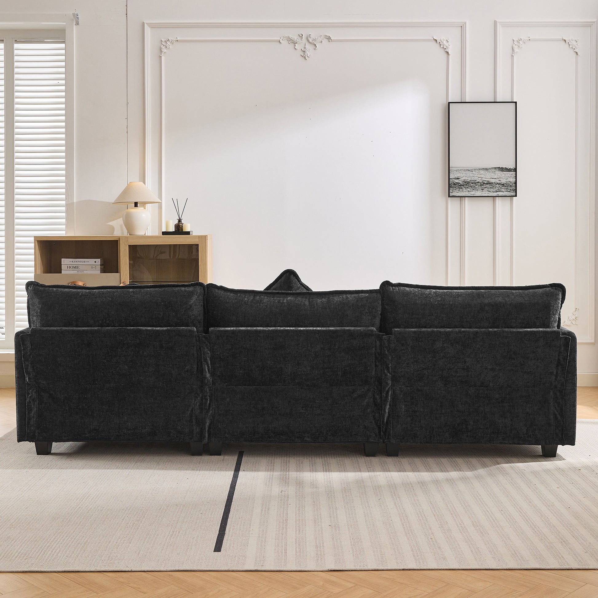 112.2" L Shape Chenille Upholstered Sofa For Living Room Modern Luxury Sofa Couch With Ottoman And 5 Pillows For Living Room Sg001160Aa , Black Black Foam 4 Seat