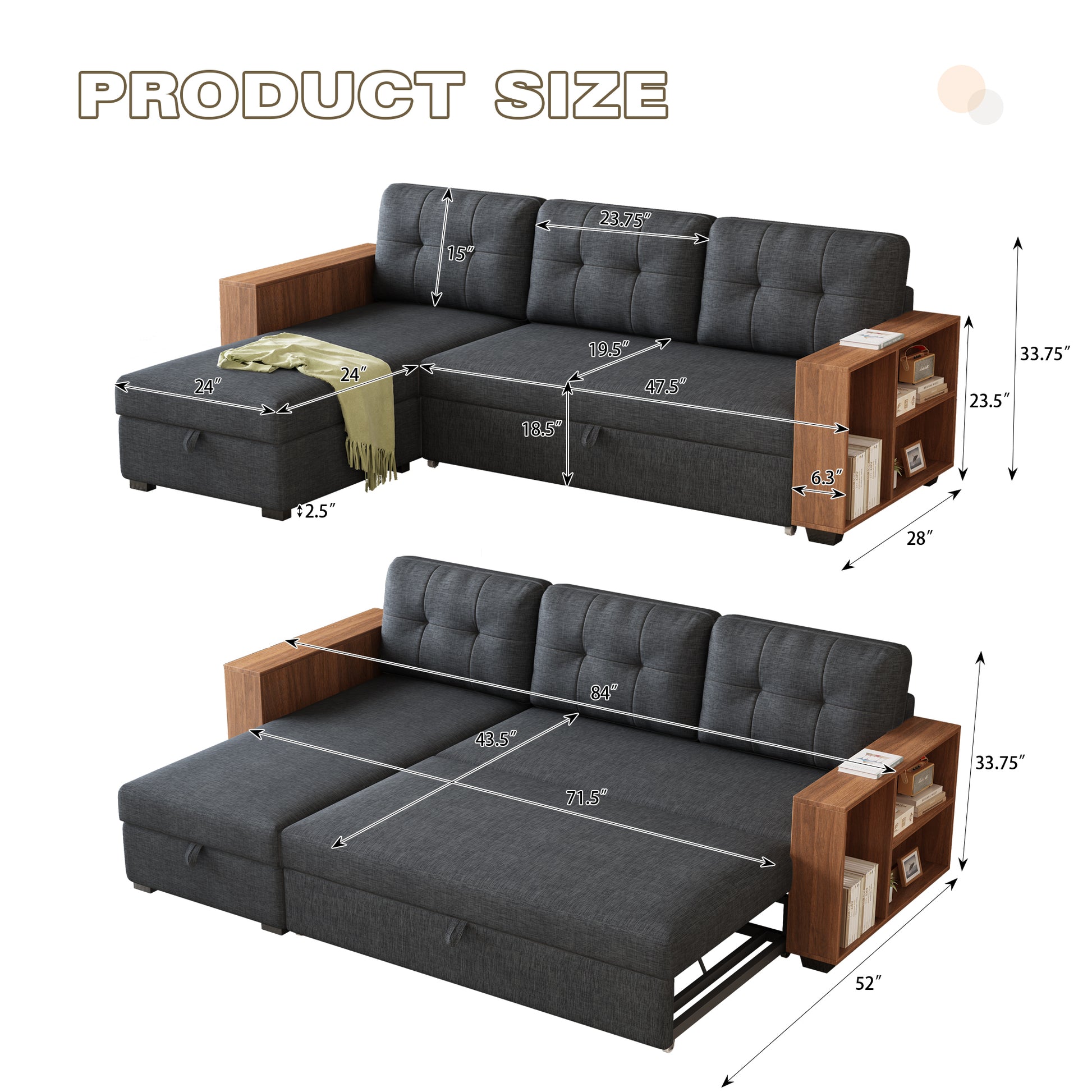 Upholstered Pull Out Sectional Sofa With Storage Chaise, Convertible Corner Couch, Dark Grey Wooden Handrail Dark Grey Wood Medium Soft Pillow Back Modern Square Arms Linen 3 Seat