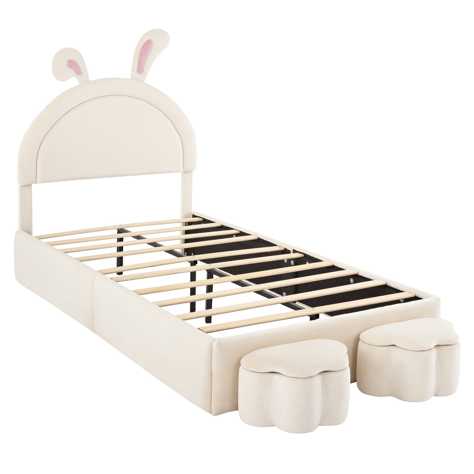 Twin Size Upholstered Rabbit Shape Bed With 2 Storage Stools, Velvet Platform Bed With Cartoon Ears Shaped Headboard, White Twin White Wood