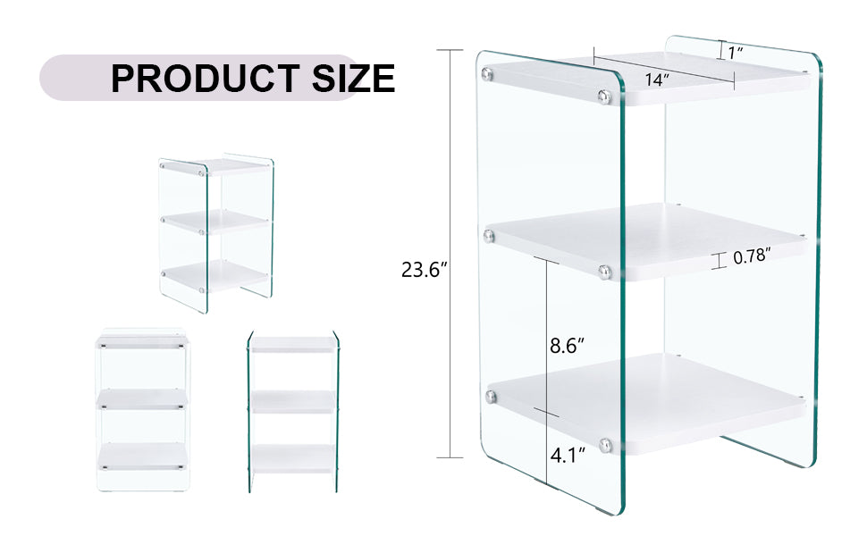 Three Levels Of Bedside Tables. The Board Surface Is Mdf, With White Stickers, And Both Sides Are Transparent Tempered Glass. The Design Is Simple And Generous, With Storage Function. White Mdf Glass