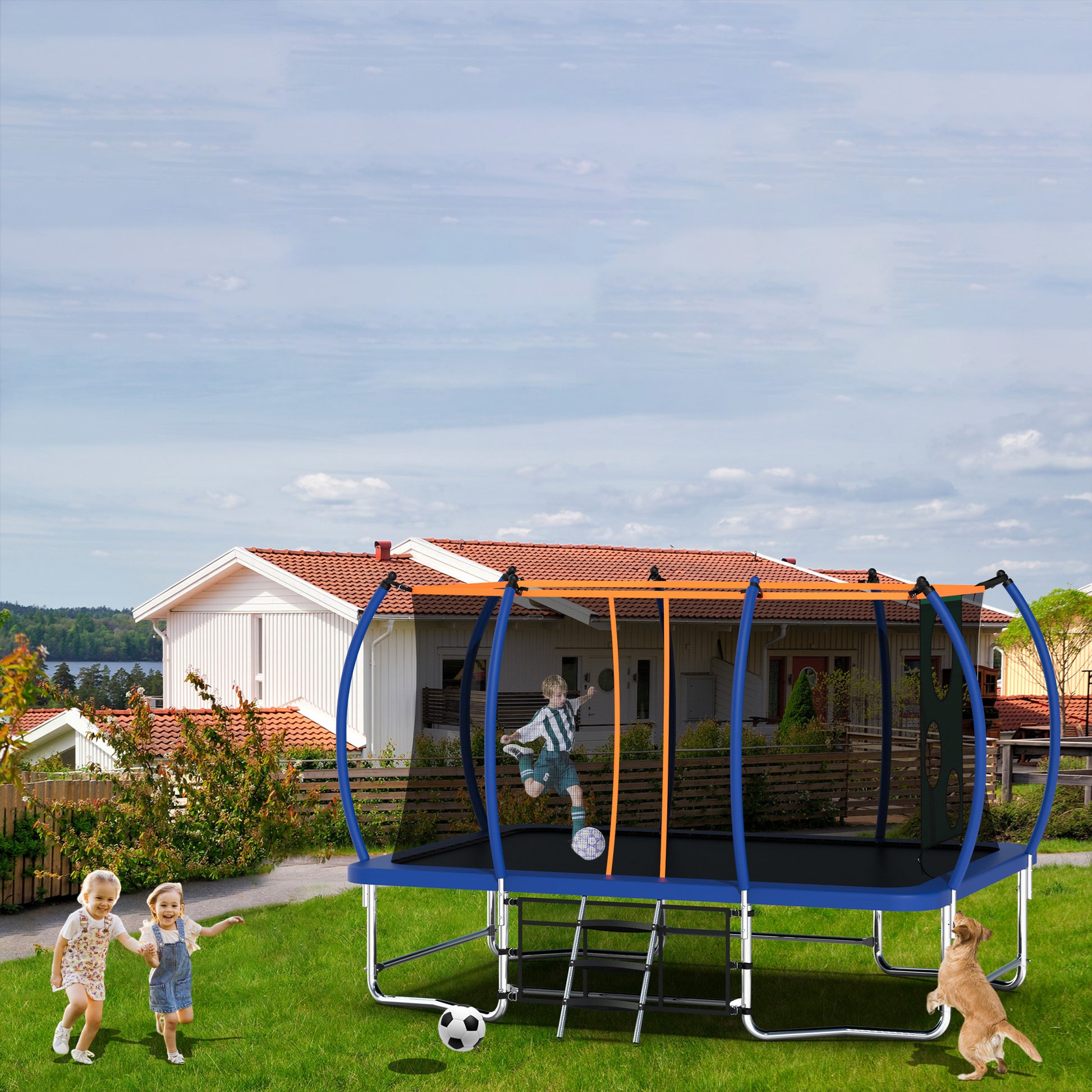 8X14Ft Outdoor Square Trampolines For Kids Adults Long Rectangular Tumbling Trampoline Blue Metal