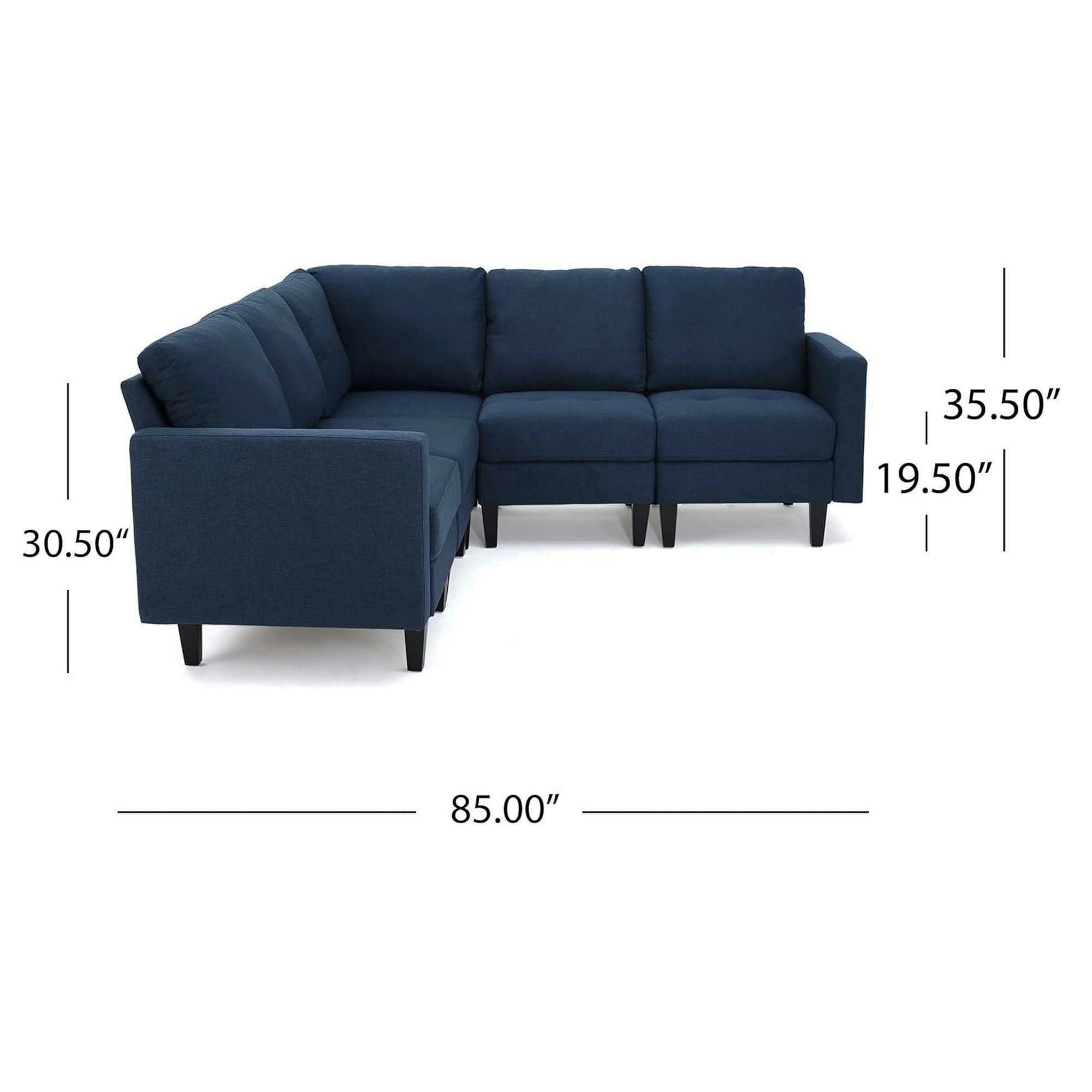 Mirod Comfy 5 Pieces L Shaped Sofa With Wooden Legs, Modern Side Chairs For Living Room Navy Blue Fabric 4 Seat