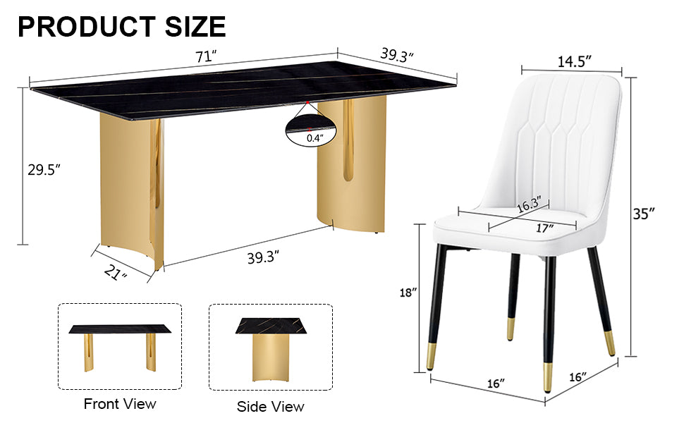 Table And Chair Set.The Table Has A Glass Top With Imitation Marble Pattern Stickers And Stainless Steel Golden Legs. Paried With Chairs With Pu Artificial Leather Backrest Cushions And Black Legs. Black Gold Seats 8 Glass Metal