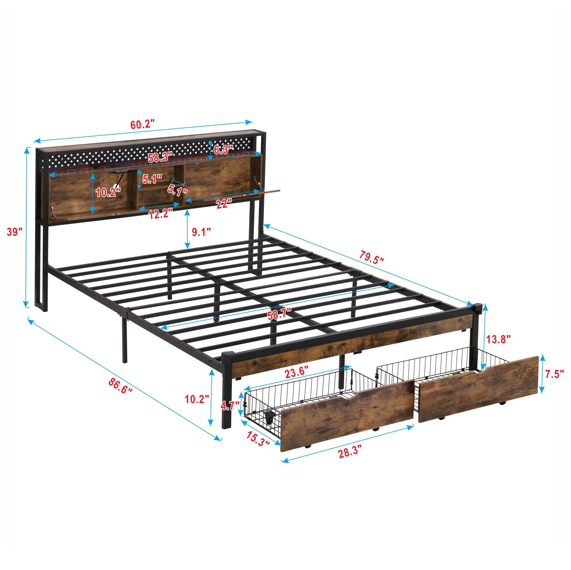 Queen Size Metal Platform Bed Frame With Wooden Headboard And With Footboard Usb,Charging Station,2 Drawers,Storage, Led Lights, No Box Spring Needed, Easy Assemble Black Brown Metal