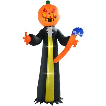 Outsunny 10Ft Inflatable Halloween Pumpkin Head Ghost With Hammer, Blow Up Halloween Decoration Outdoor Led Yard Display, Waterproof Black Polyester