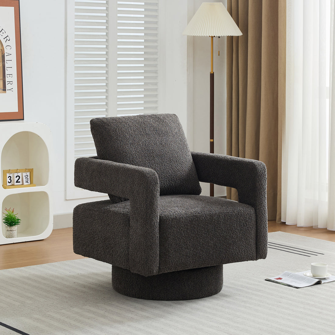 29.13" W Square Swivel Accent Chair, Modern Rotating Arm Chair With Open Back,360 Degree Rotation, Lounge Club Chair With Removable Back Cushion For Living Room, Hotel, Bed Room,Charcoal Charcoal