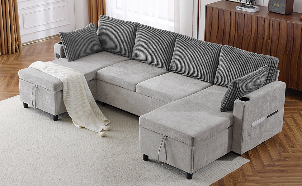 111.8" Sectional Sofa Pull Out Sofa Bed Versatile Sofa Sleeper With Large Storage Space, Two Usb Ports And Two Cup Holders For Living Room, Grey Grey Foam Chenille 4 Seat