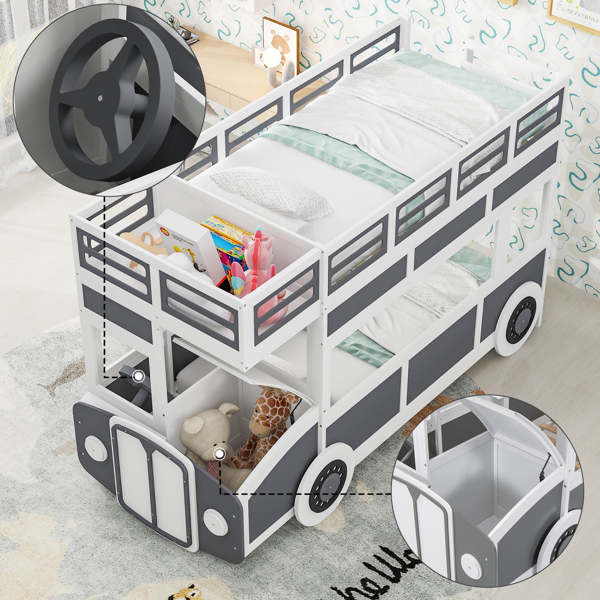 Twin Over Twin Bus Shaped Bunk Bed With Wheels And Storage, Gray White Box Spring Not Required Twin Grey White Wood Bedroom Solid Wood Mdf