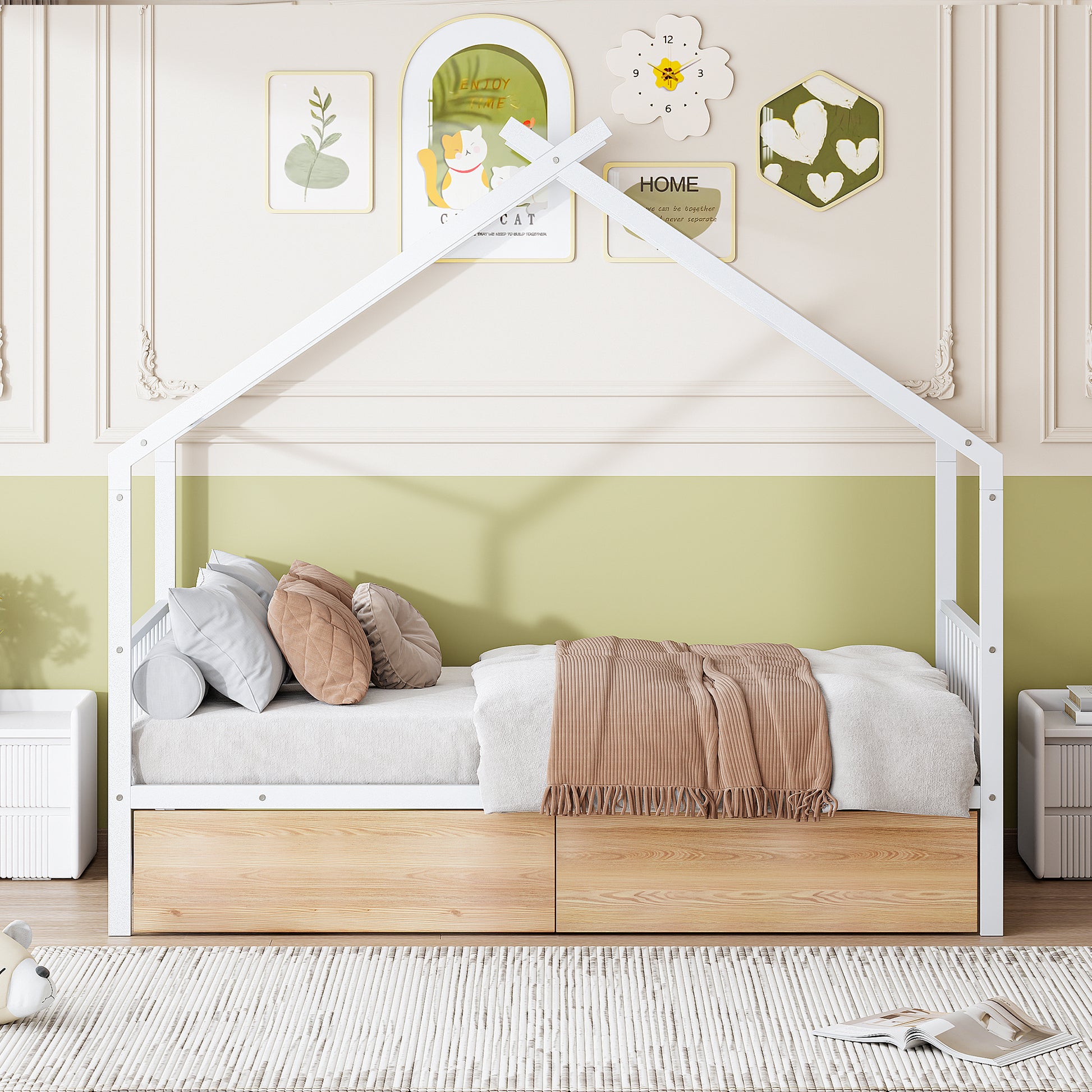 Twin Size Metal House Bed With Two Drawers, White Twin White Metal