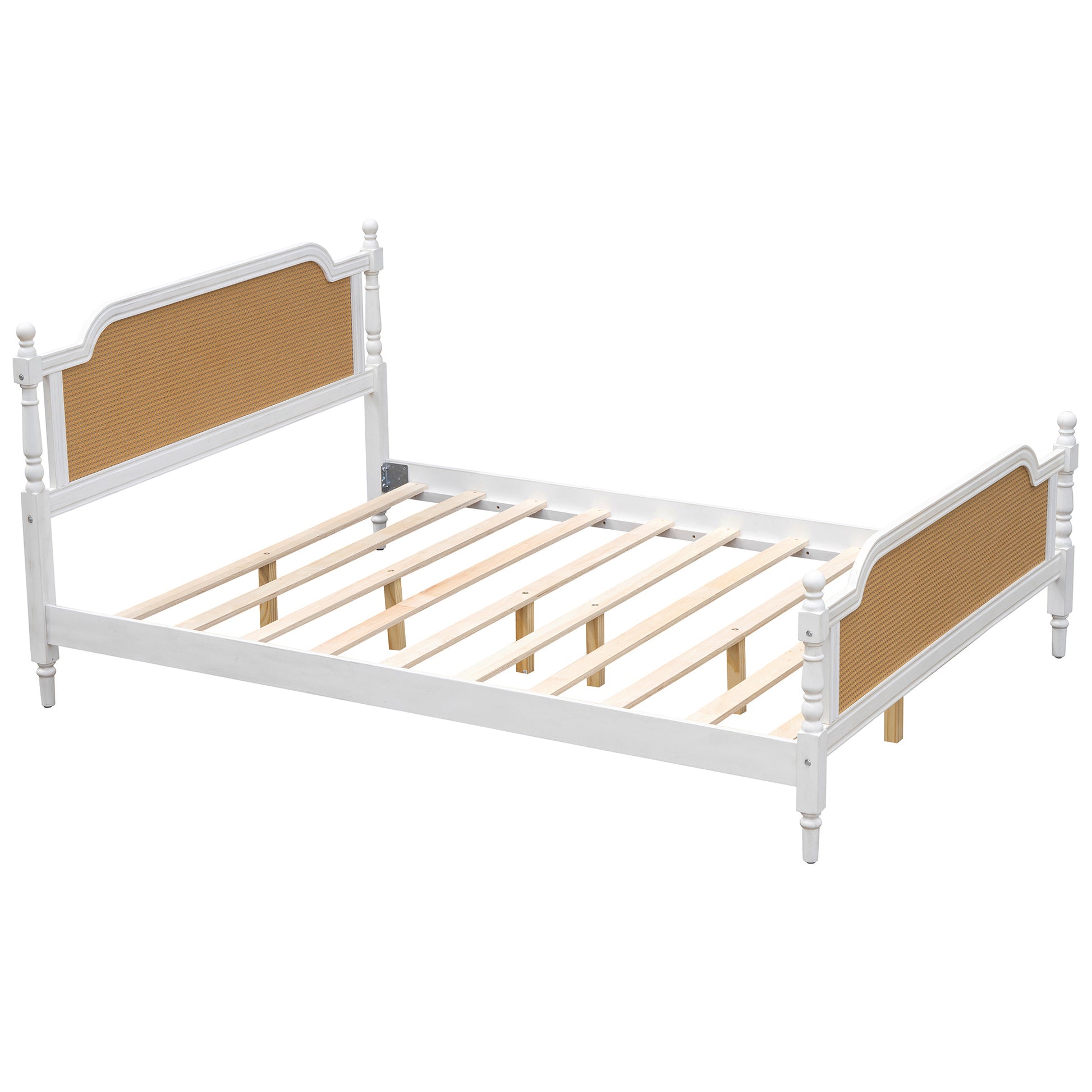 Traditional Style Rattan Queen Size Bed Frame,No Box Spring Needed,Antique White Box Spring Not Required Queen Antique White Wood Bedroom Traditional,Vintage Bed Frame Wood