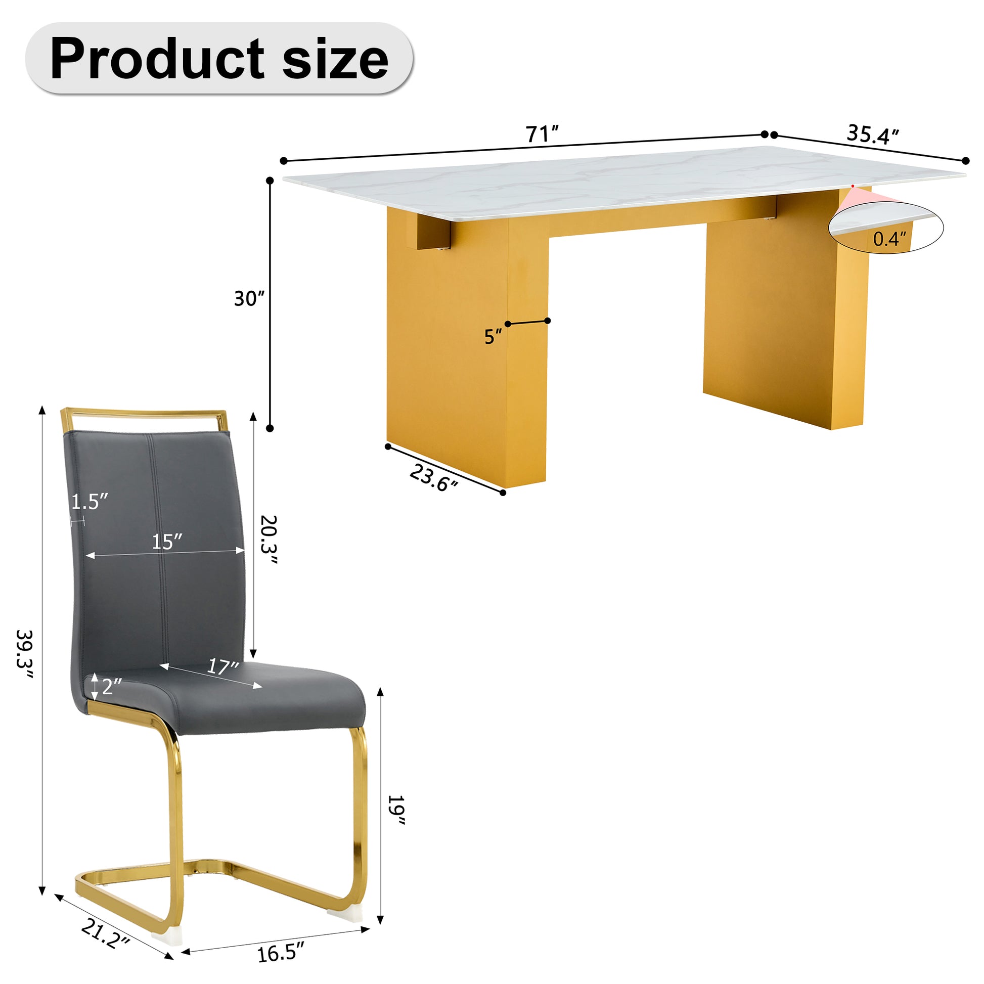 Table And Chair Set.Large Modern Rectangular Table With 0.4 Inch Patterned Glass Tabletop And Large Mdf Table Legs.Comes With 6 Chairs With Faux Leather Cushioned Seats And Golden Metal Legs. Gold White Seats 6 Mdf Glass