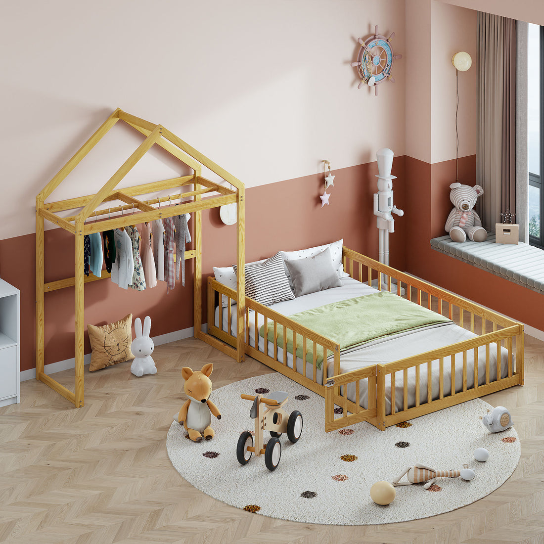 Wooden Floor Bed With Fence Railings And Detachable House Shape Headboard,Full Size Bed With Kids Dress Up Rack, Kids Montessori Style Playhouse Frame For Girls Boys, Natural Full Natural Wood