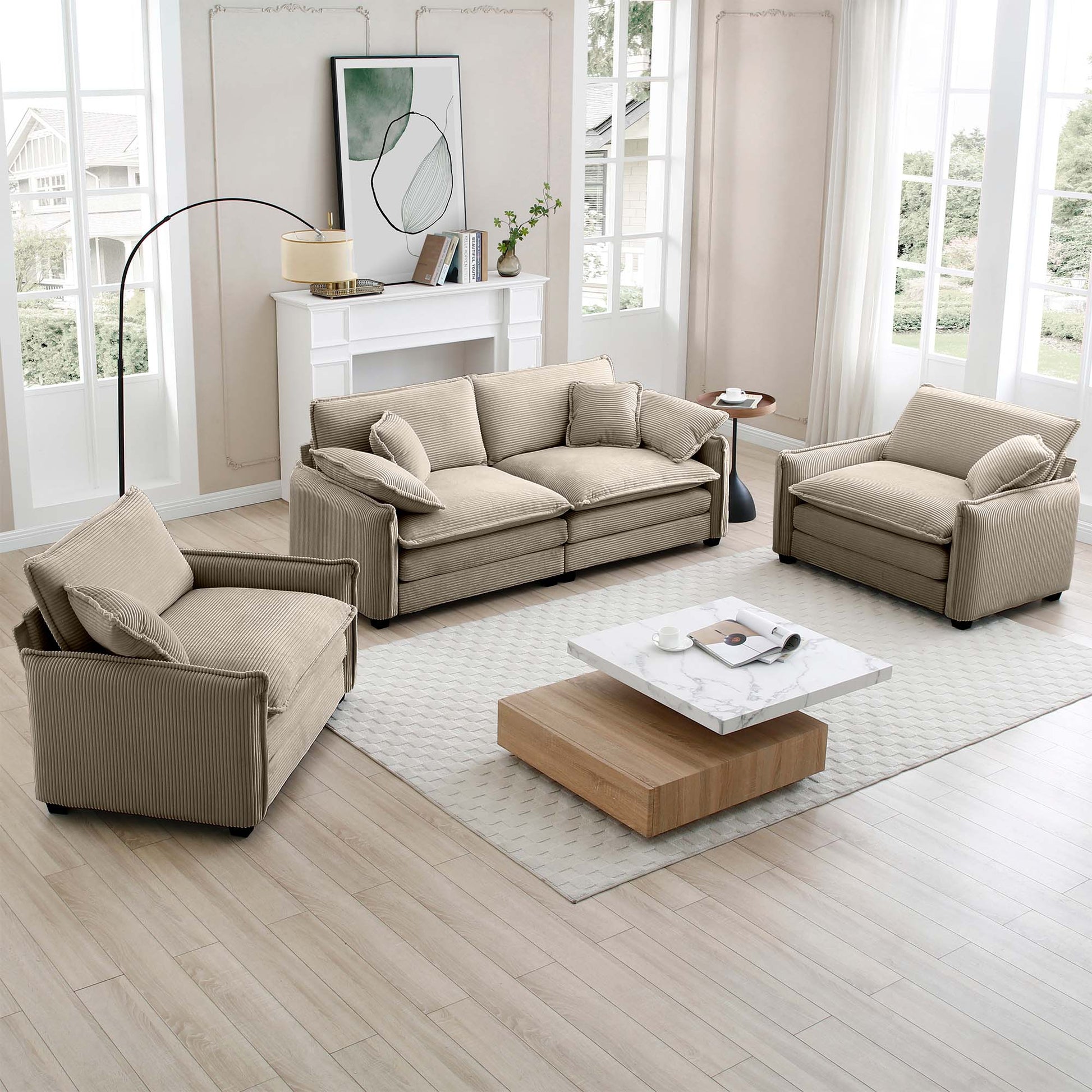 Luxurious And Sophisticated Sofa Set With Soft Cushions And Pillows, Sofa Set For Living Rooms And Clubs As Well As Home Theaters, Consisting Of Two Single Sofas And A 2 Seaters Sofas In Tan Corduroy Tan Corduroy 4 Seat