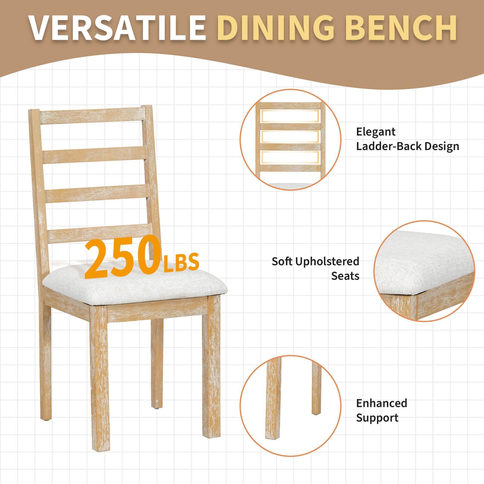 Farmhouse 6 Piece 60Inch Extendable Pedestal Dining Table Set With 18Inch Removable Leaf, 44Inch Bench And 4 Ladder Back Dining Chairs, Natural Wood Dining Room Solid Wood Rubberwood Oval Dining Table With Bench Wood Wood Natural Ladder Back Seats 6 60