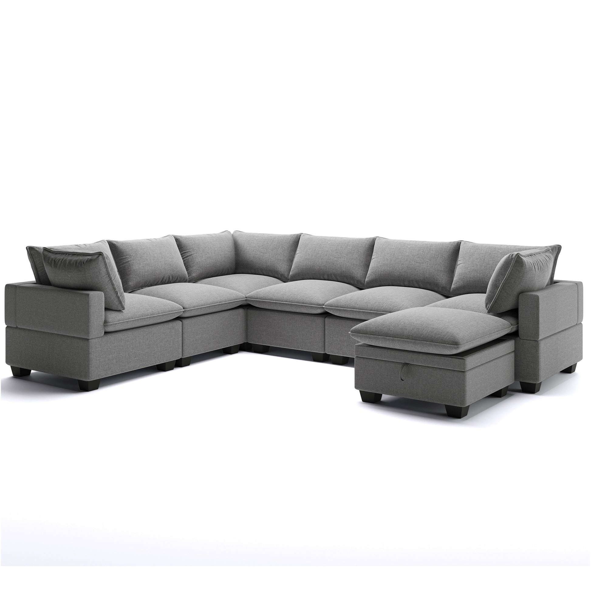 120*93" Modern U Shape Modular Sofa With Storage Ottoman,Luxury 7 Seat Sectional Couch Set With 2 Pillows Included,Freely Combinable Indoor Funiture For Living Room, Apartment Gray Polyester 7 Seat