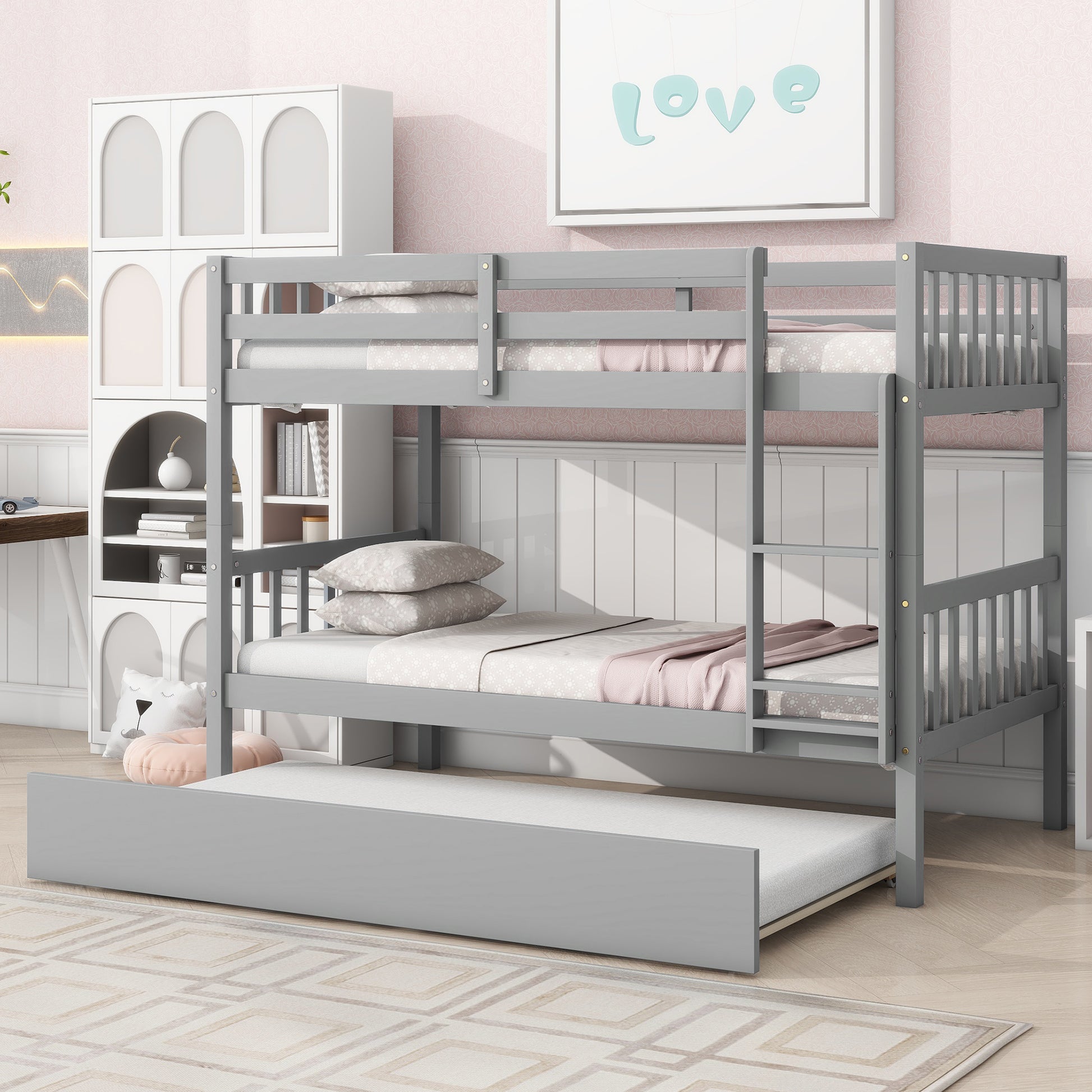 Twin Over Twin Rubber Wood Bunk Bed With Trundle, Convertible Into 2 Twin Size Beds, Twin Size Bunk Bed With Ladder And Safety Guardrails,Grey Twin Grey Rubber Wood