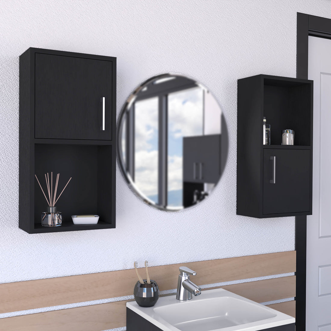 Wall Mounted Bathroom Medicine Cabinet Eak 24" H, Two Doors, Two Shelves,Black Black Solid Wood Mdf Engineered Wood