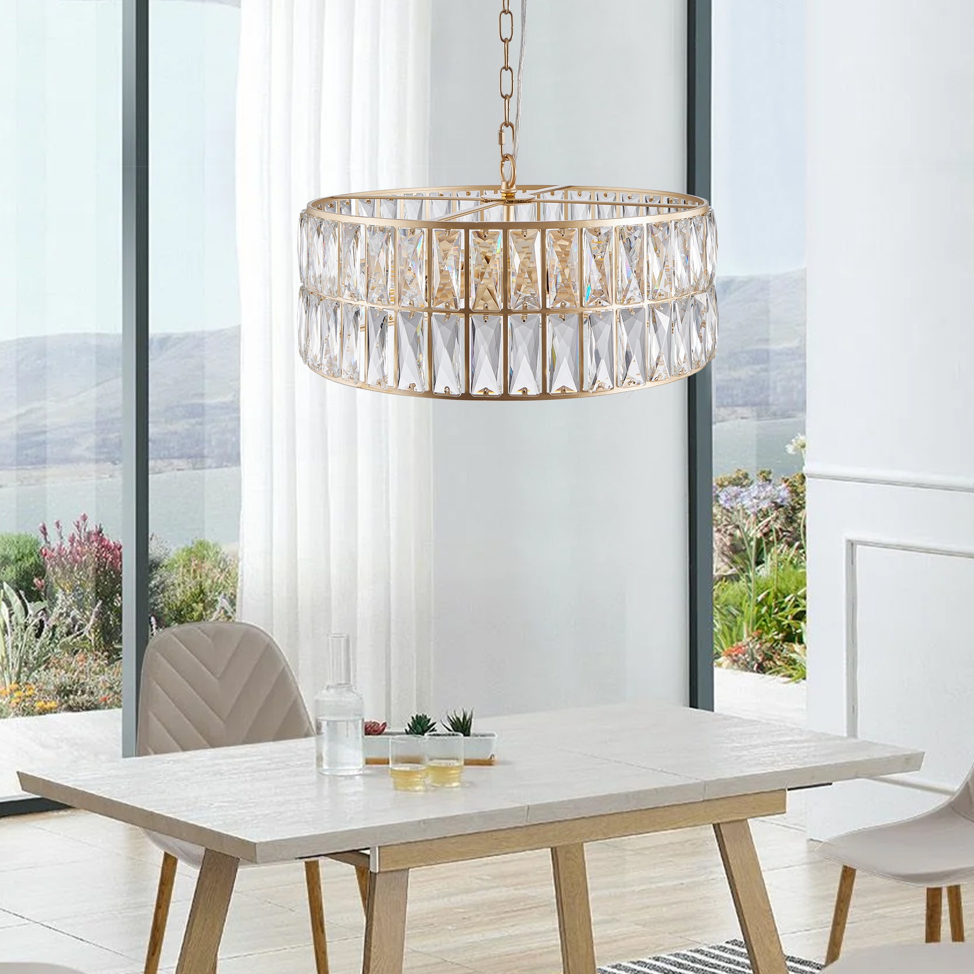 Modern Crystal Drum Chandelier, 6 Light Pendant Lighting Fixture With Golden Metal Frame For Living Room, Dining Room, And Bedroom Bulbs Not Included Gold Crystal Iron