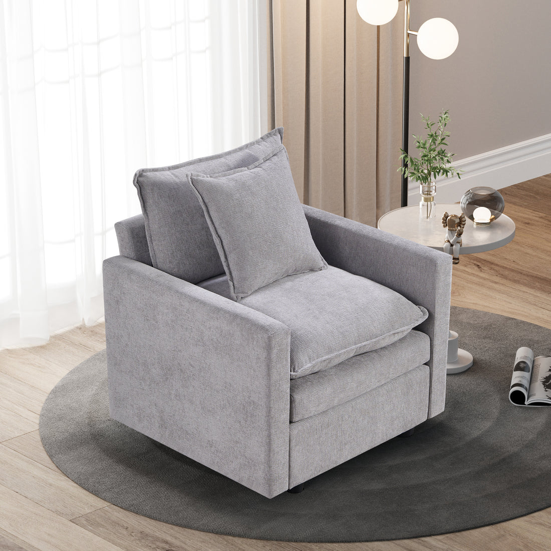 Chenille Fabric Comfy Deep Single Seat Sofa Upholstered Reading Armchair Living Room Gray Wood Foam Chenille 1 Seat