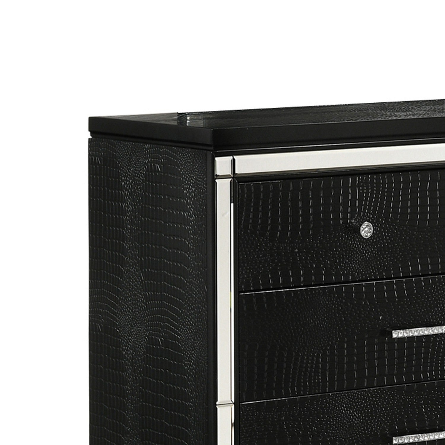 9 Drawer Wooden Dresser With Embossed Texture And Mirror Accents, Black Black Wood