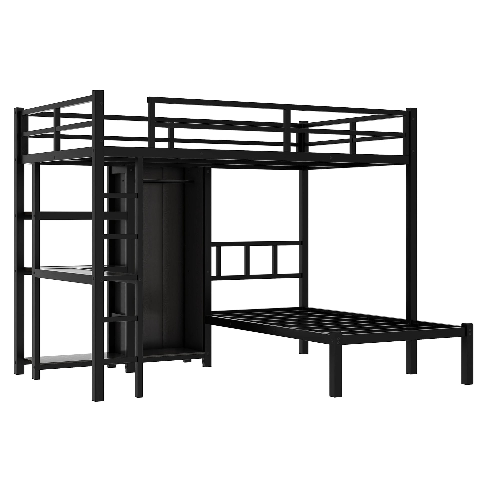 Metal Full Xl Over Twin Bunk Bed With Desk,Bookshelf ,Storage Shelves And Wardrobe,Black Black Metal