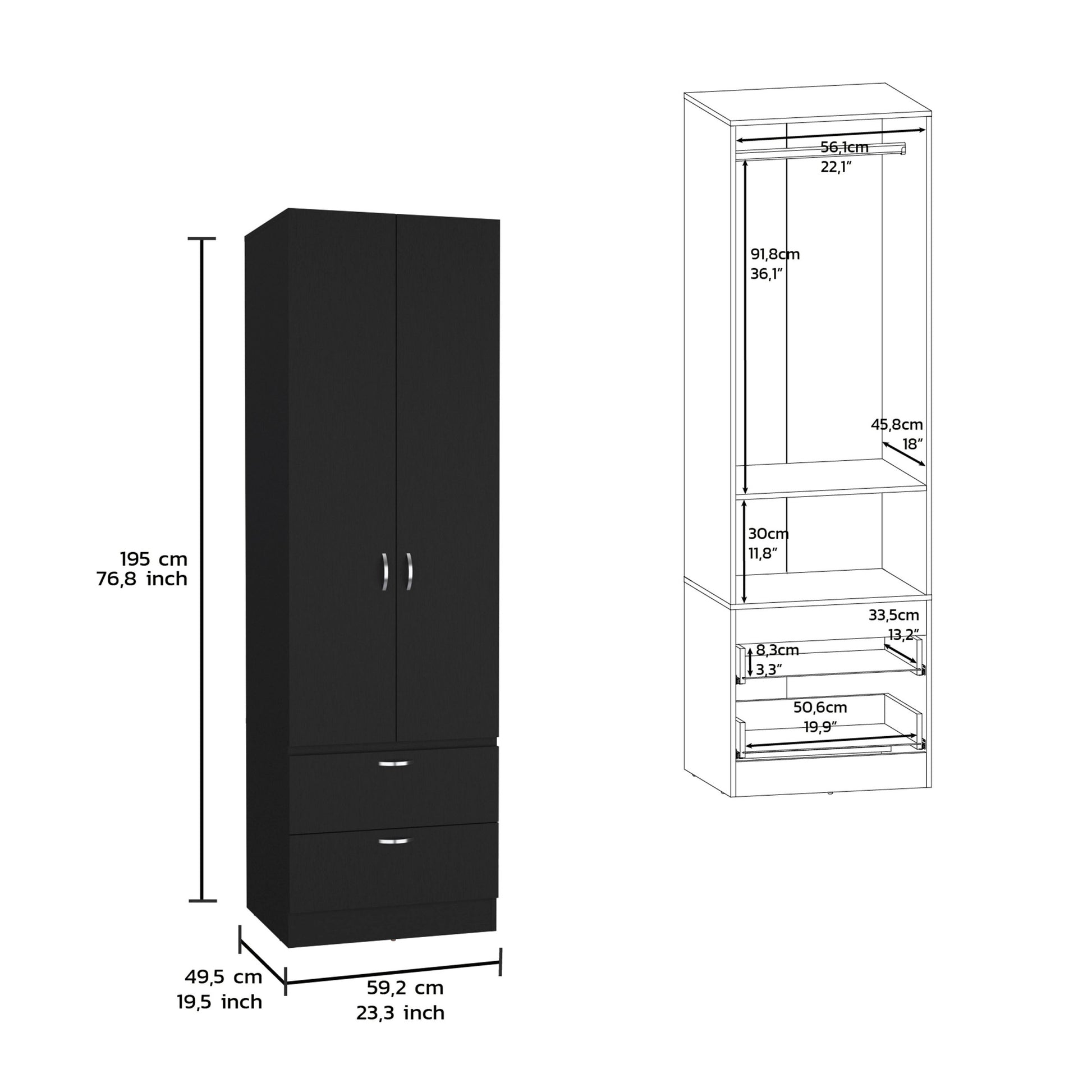 Vico Armoire Wardrove 76" H, Hanging Rod, 2 Drawers, 1 Shelf, Black Black Solid Wood Mdf Engineered Wood