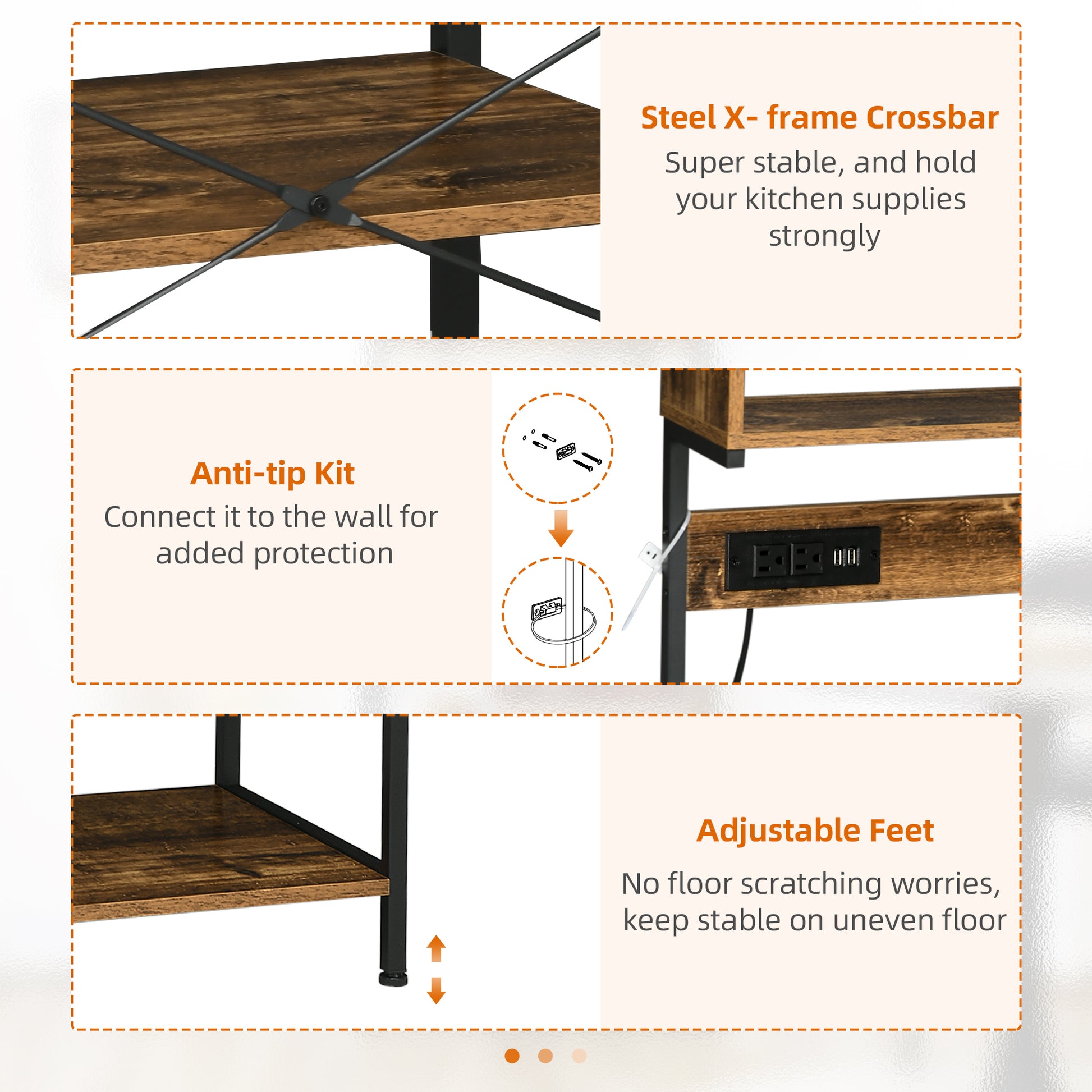 Homcom Kitchen Bakers Rack With Power Outlet, Usb Charger, Microwave Stand, Coffee Bar With Adjustable Shelves, 5 Hooks For Spices, Pots And Pans, Rustic Brown Rustic Brown Particle Board