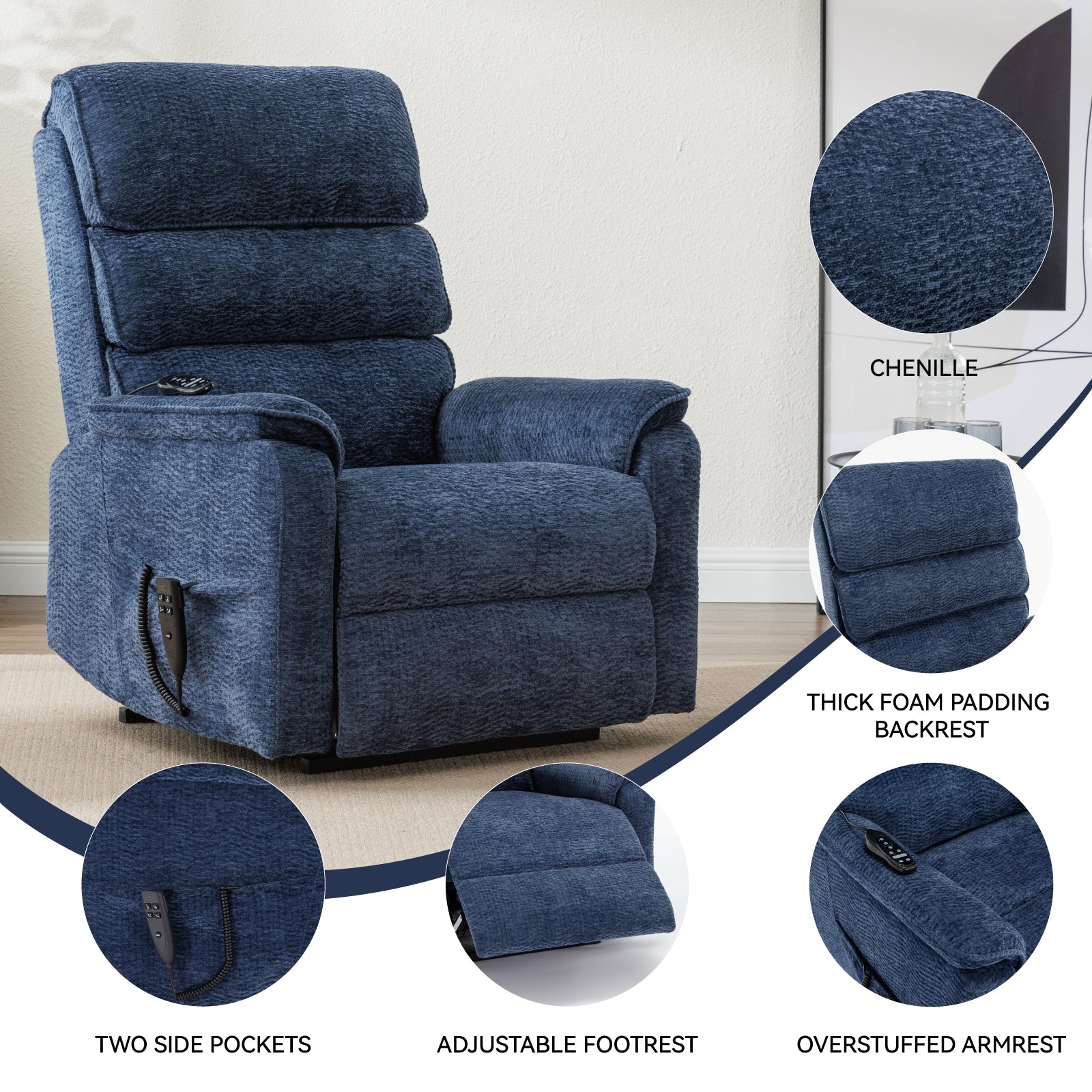 Blue Chenille Dual Motor Infinite Position Up To 350 Lbs Power Lift Recliner Chair With Power Remote, Heat Massage And Heavy Duty Motion Mechanism White Metal Primary Living Space Heavy Duty Push