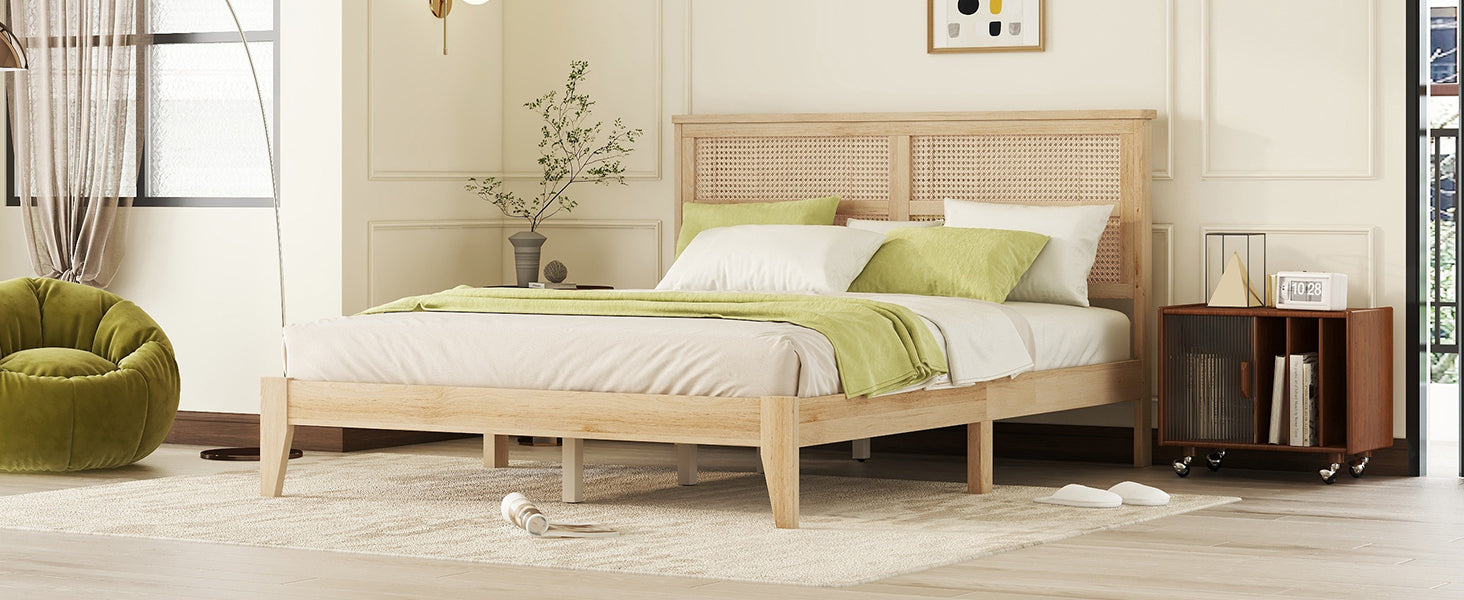 Queen Size Rubber Wooden, Solid Wooden Bed With Rattan Headboard, Enhanced By Support Feet Queen Natural American Design Rubber Wood