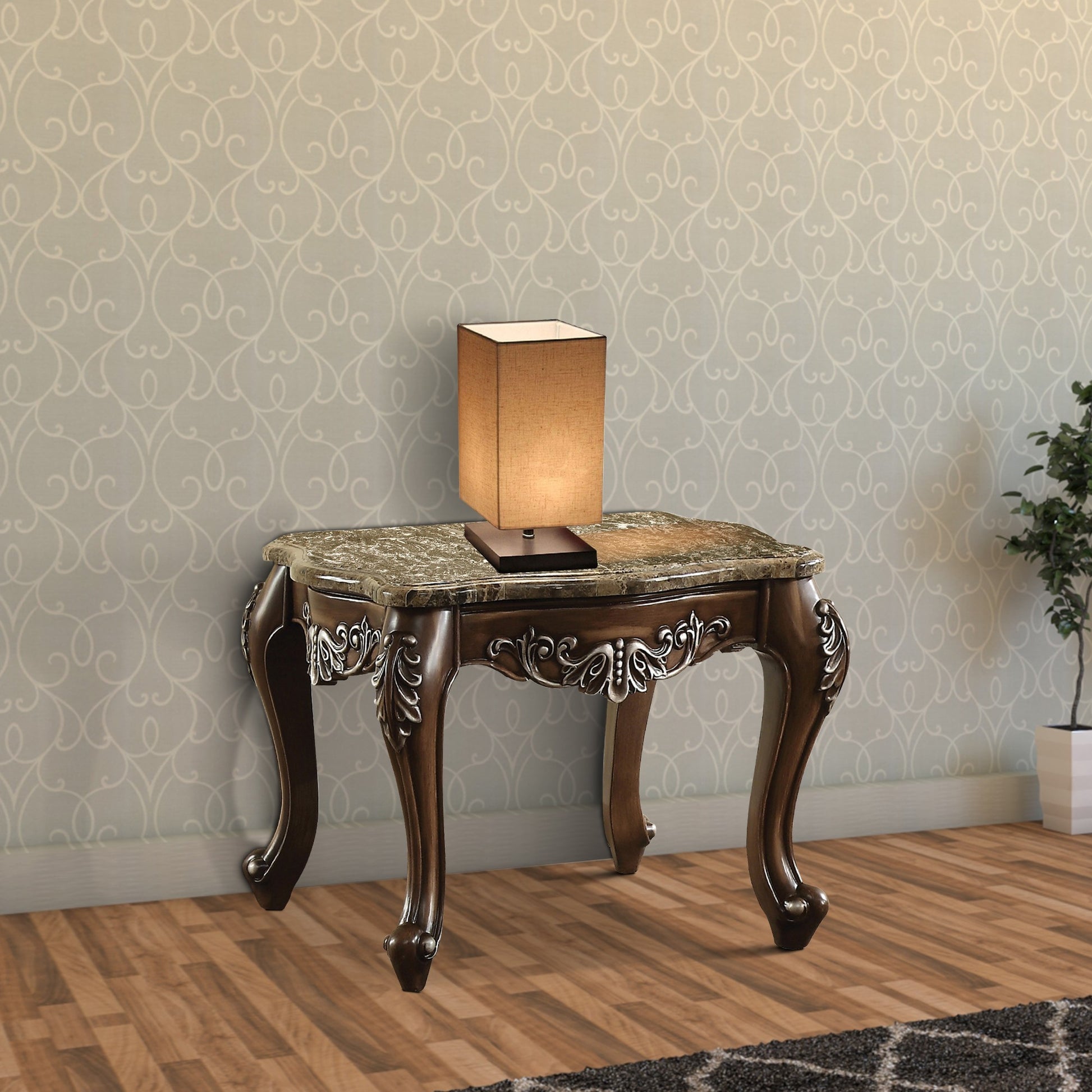 Wooden End Table With Marble Top In Antique Oak Brown Brown Wood