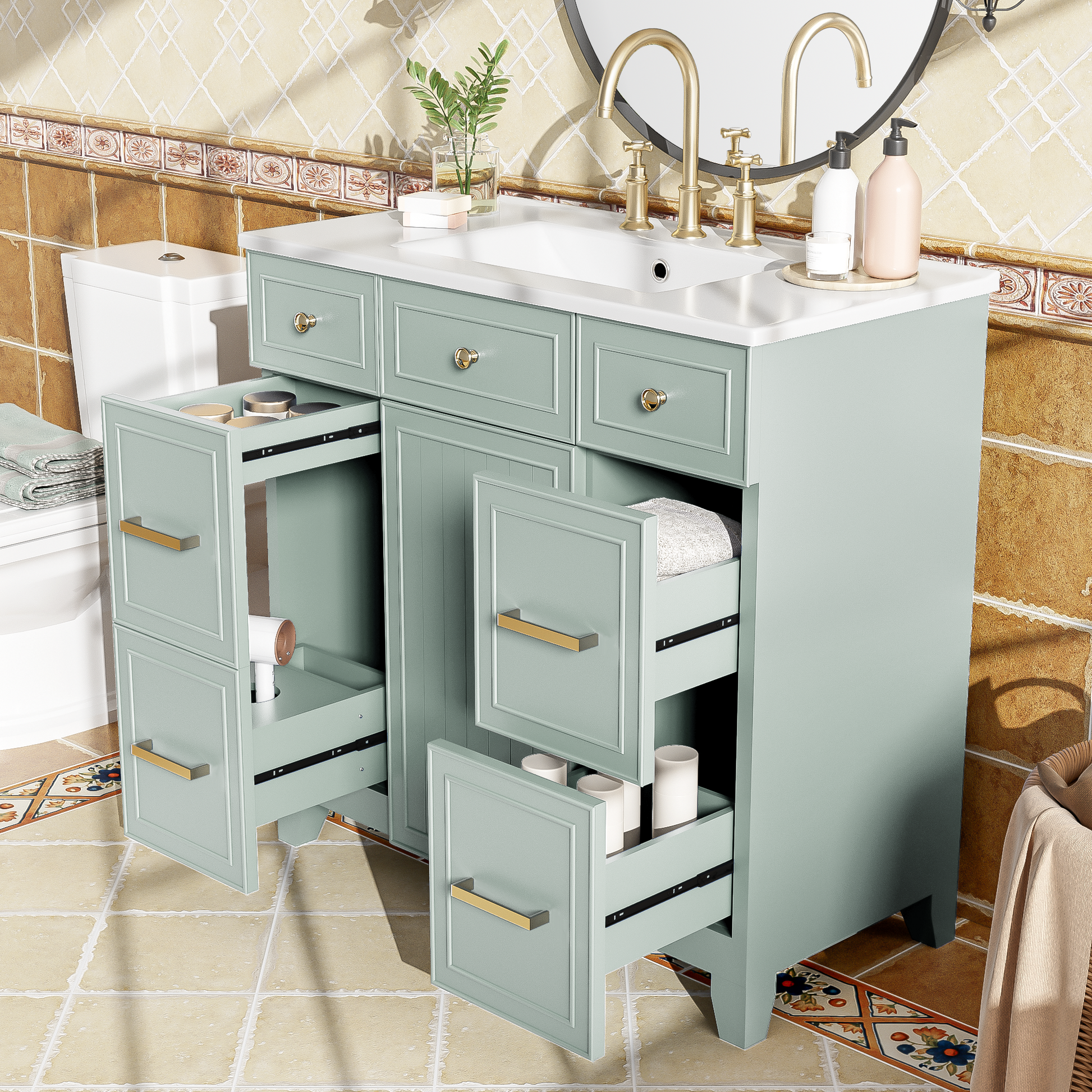 36" Bathroom Vanity With Ceramic Sink, Green, Solid Wood Frame, Soft Close Doors, Adjustable Shelves, 3 Drawers ,Including Double Depth Drawer For Hairdryer Storage Old Sku:Sv000003Aag 1 Green