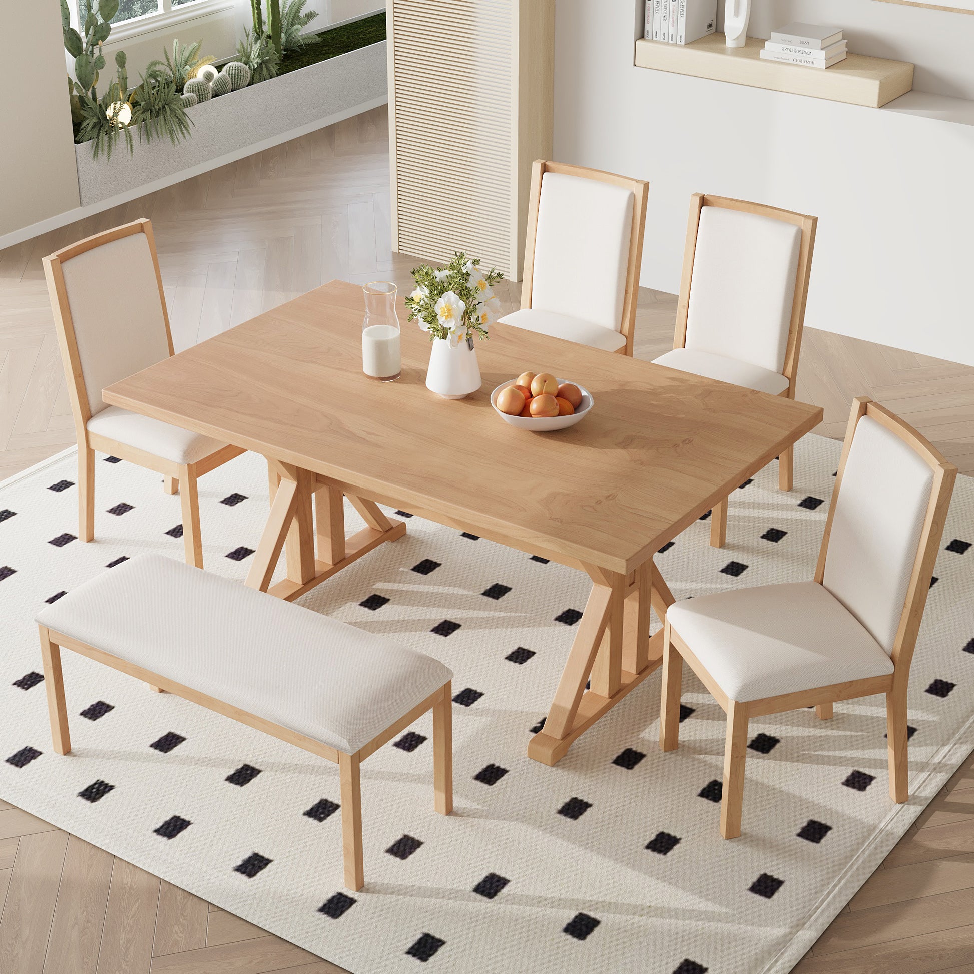 Farmhouse Classical 6 Piece Dining Table Set With Trestle Legs,Kitchen Table Set For 6 With 4 Upholstered Dining Chairs And Bench, Natural Wood Dining Room Solid Wood Rubberwood Rectangular Dining Table With Chair And Bench Upholstered Chair Wood Natural