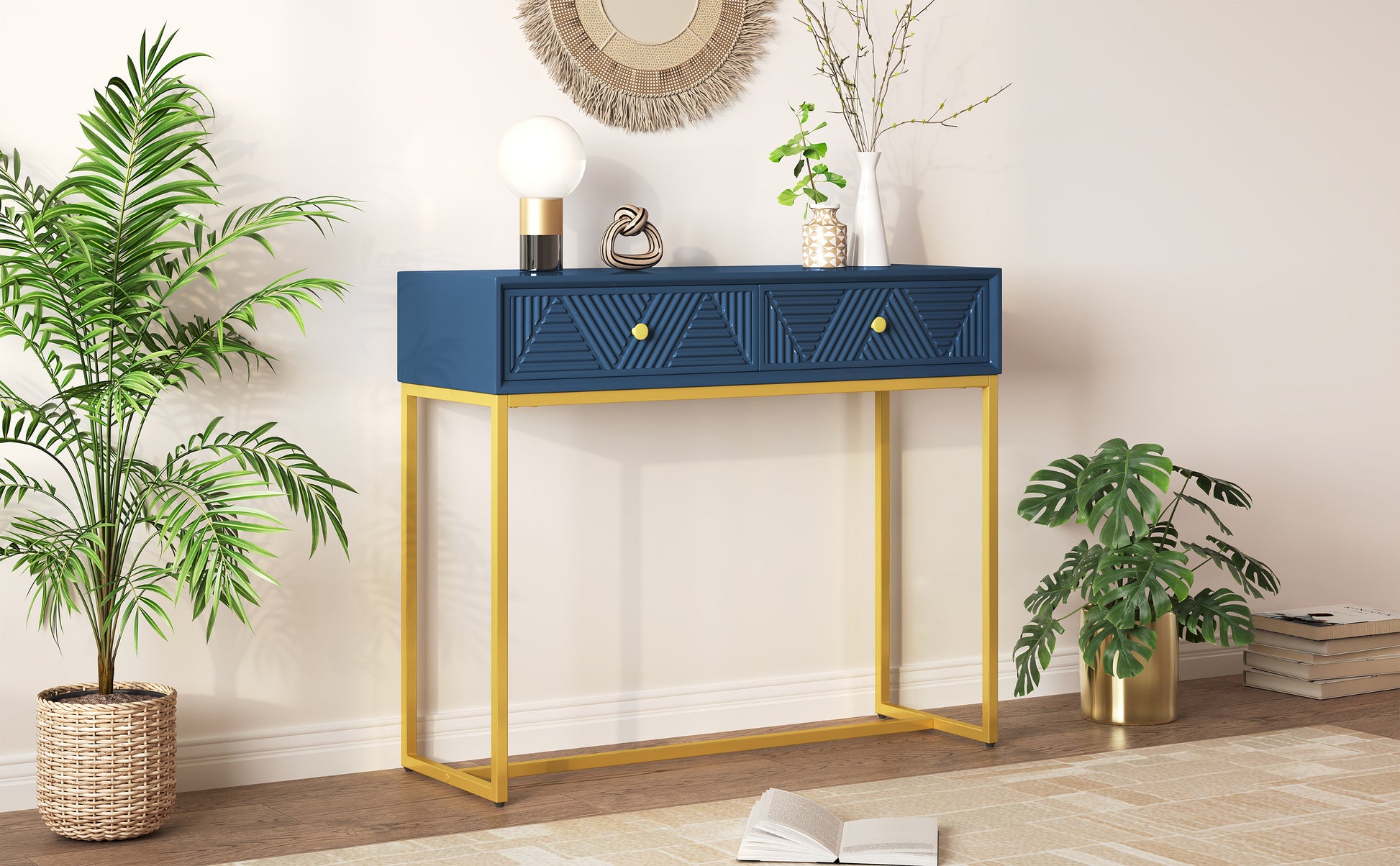 Modern Sleek Console Table Two Drawers With Stripe Design For Living Room And Entryway Navy Navy Mdf