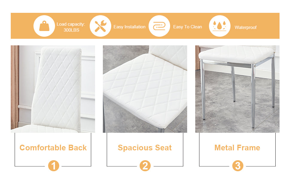 Table And Chair Set.Rectangular Dining Table With Tempered Glass Tabletop And Silver Plating Metal Legs.Paired With 6 Checkered Armless High Back White Chairs With Electroplated Metal Legs. White Seats 6 Glass Metal