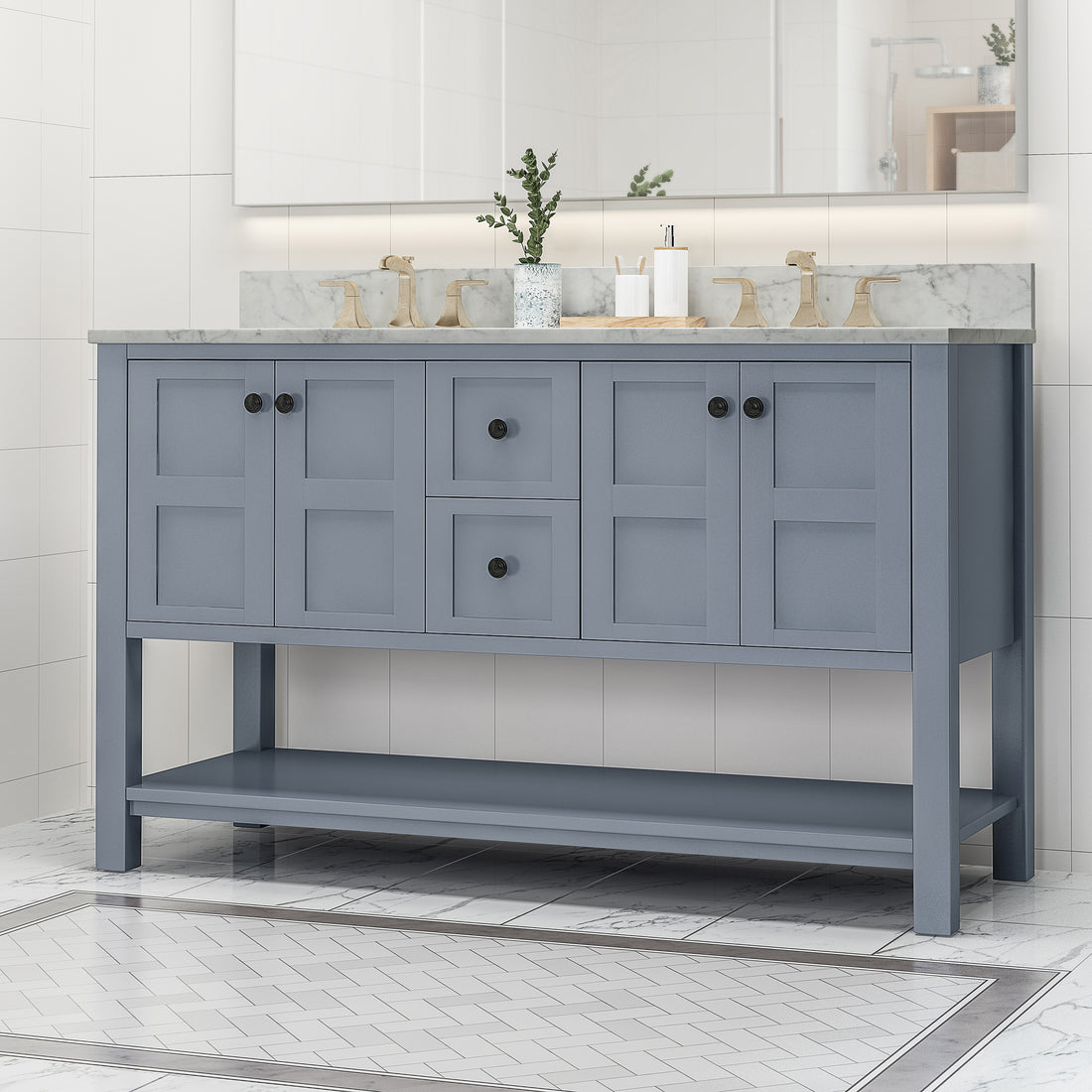 61'' Bathroom Vanity With Marble Top & Double Ceramic Sinks, 4 Doors, 2 Drawers, Open Shelf, Gray Gray Mdf