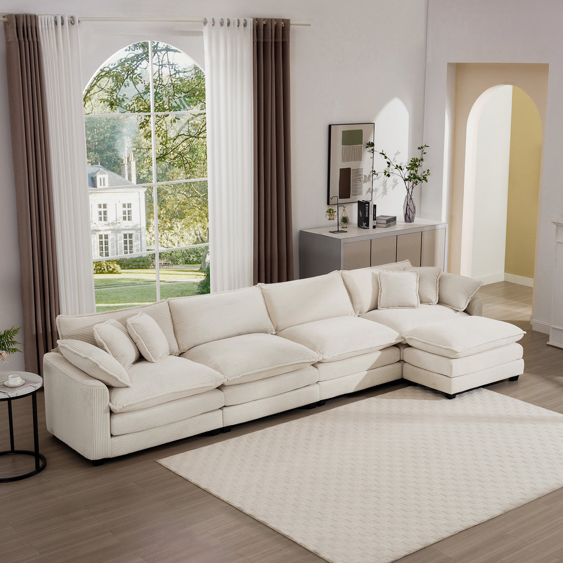 Modern Upholstered L Shape Modular Sectional Sofa, 4 Seater Sofa With With 1 Ottoman, Comfortable Corduroy Fabric Couch Sofa, Light Beige Corduroy Fabirc Beige Corduroy 4 Seat