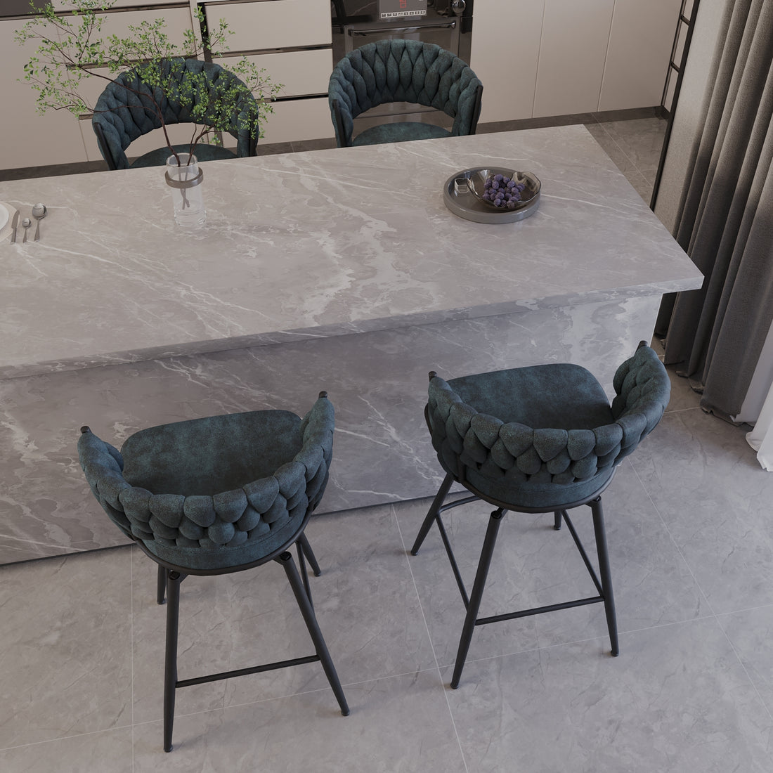 Bar Chair Suede Woven Bar Stool Set Of 4,Black Legs Barstools No Adjustable Kitchen Island Chairs,360 Swivel Bar Stools Upholstered Bar Chair Counter Stool Arm Chairs With Back Footrest, Blue Metal Blue Kitchen Dining Chairs Foam Technical Leather