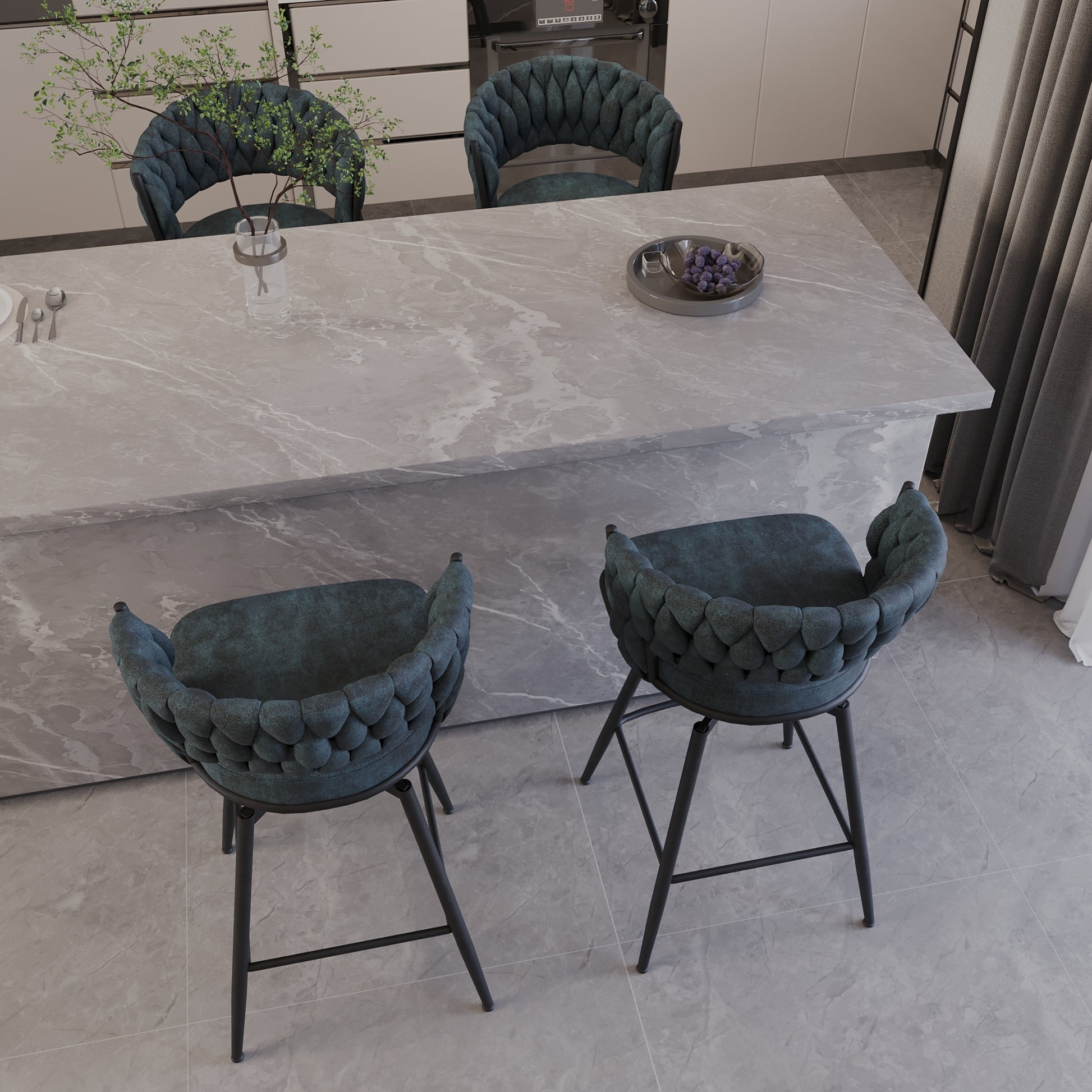Bar Chair Suede Woven Bar Stool Set Of 4,Black Legs Barstools No Adjustable Kitchen Island Chairs,360 Swivel Bar Stools Upholstered Bar Chair Counter Stool Arm Chairs With Back Footrest, Blue Metal Blue Kitchen Dining Chairs Foam Technical Leather