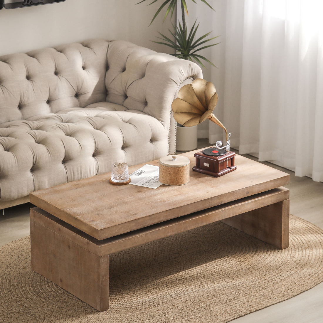 Natural Wood Living Room Table Versatile Coffee Table 2 Tiered Wood Tabletop Table 47.6" L * 23.6" W * 16.3" H Light Brown Distressed Finish Dining Room Fir Rectangular Natural,Natural Wood,Natural Wood Wash,Natural Rustic,Wood Desk Top