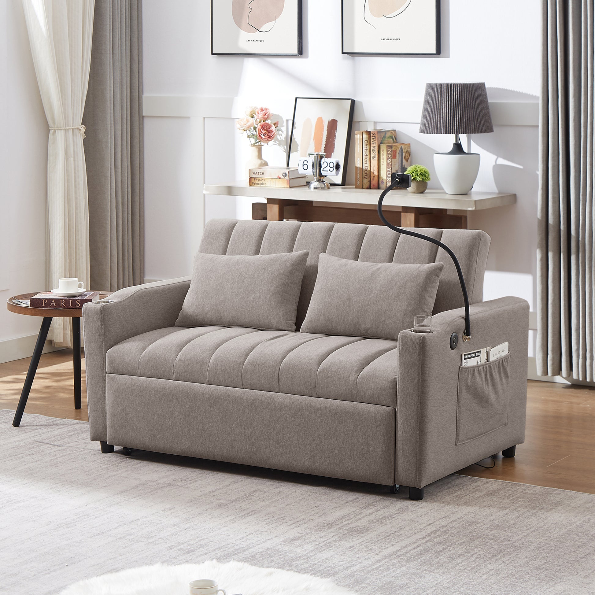 55.9" Convertible Sofa Bed Loveseat Sofa With Three Usb Ports, Two Side Pockets, Two Cup Holders And 360 Swivel Phone Holder For Living Room, Light Grey Light Grey Foam Polyester 2 Seat