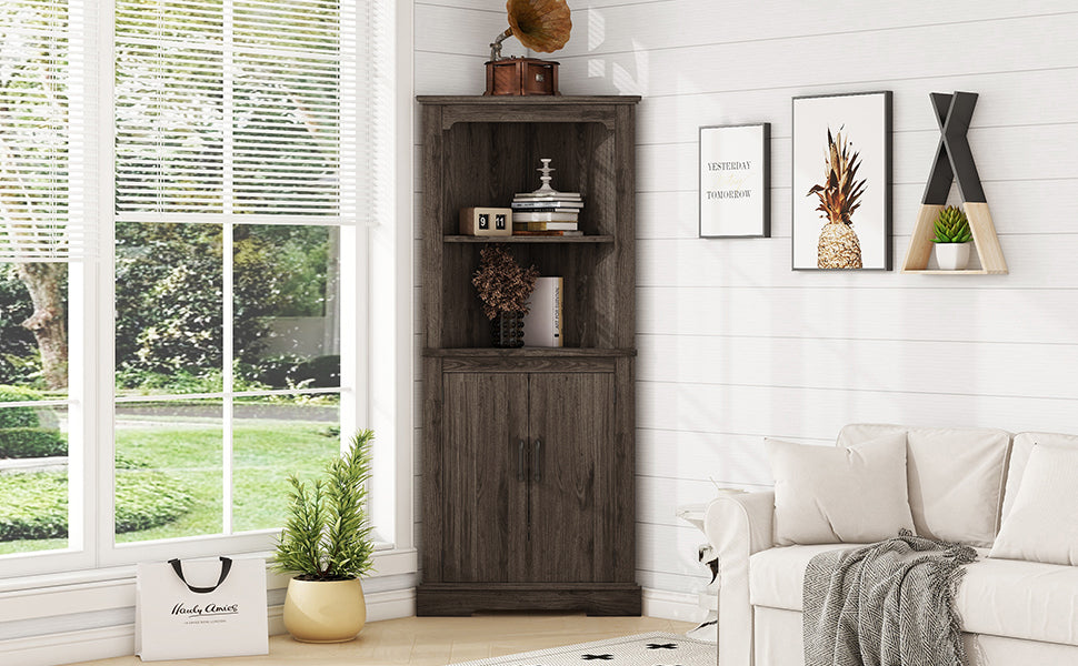 Tall Corner Cabinet With Doors For Living Room, Bathroom,Dining Room Or Kitchen,Color:Dark Walnut Walnut Mdf