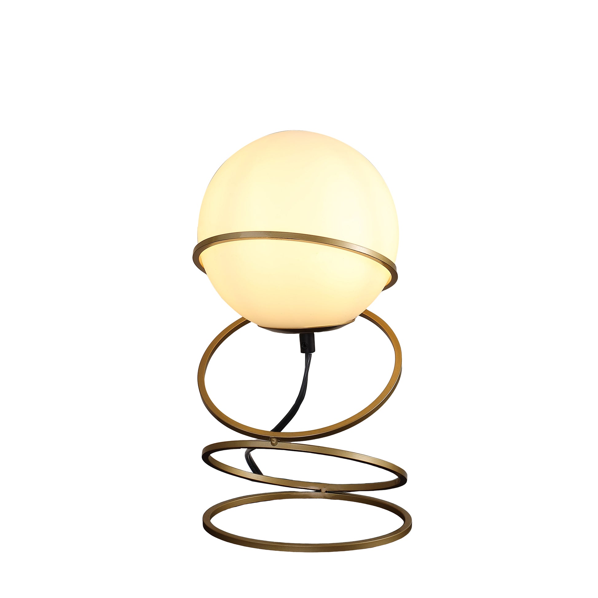 13.5" H Glass Globe Matte Gold Spiral 4 Ring Metal Stand Table Lamp For Living Room, Nightstand Bedside Table Lamp For Bedroom, Led Lamp Gold White Glass Metal