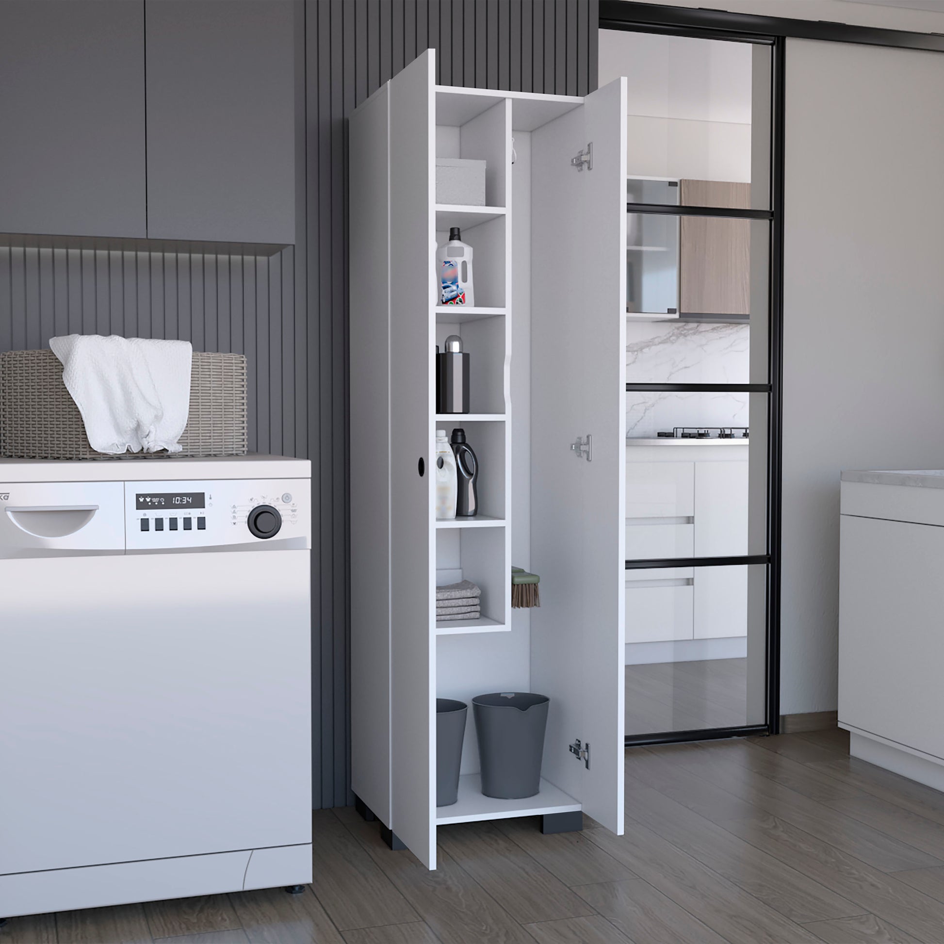 Broom Cabinet Double Door Design With Inner Shelves And Side Hangers, White White Solid Wood Mdf Engineered Wood