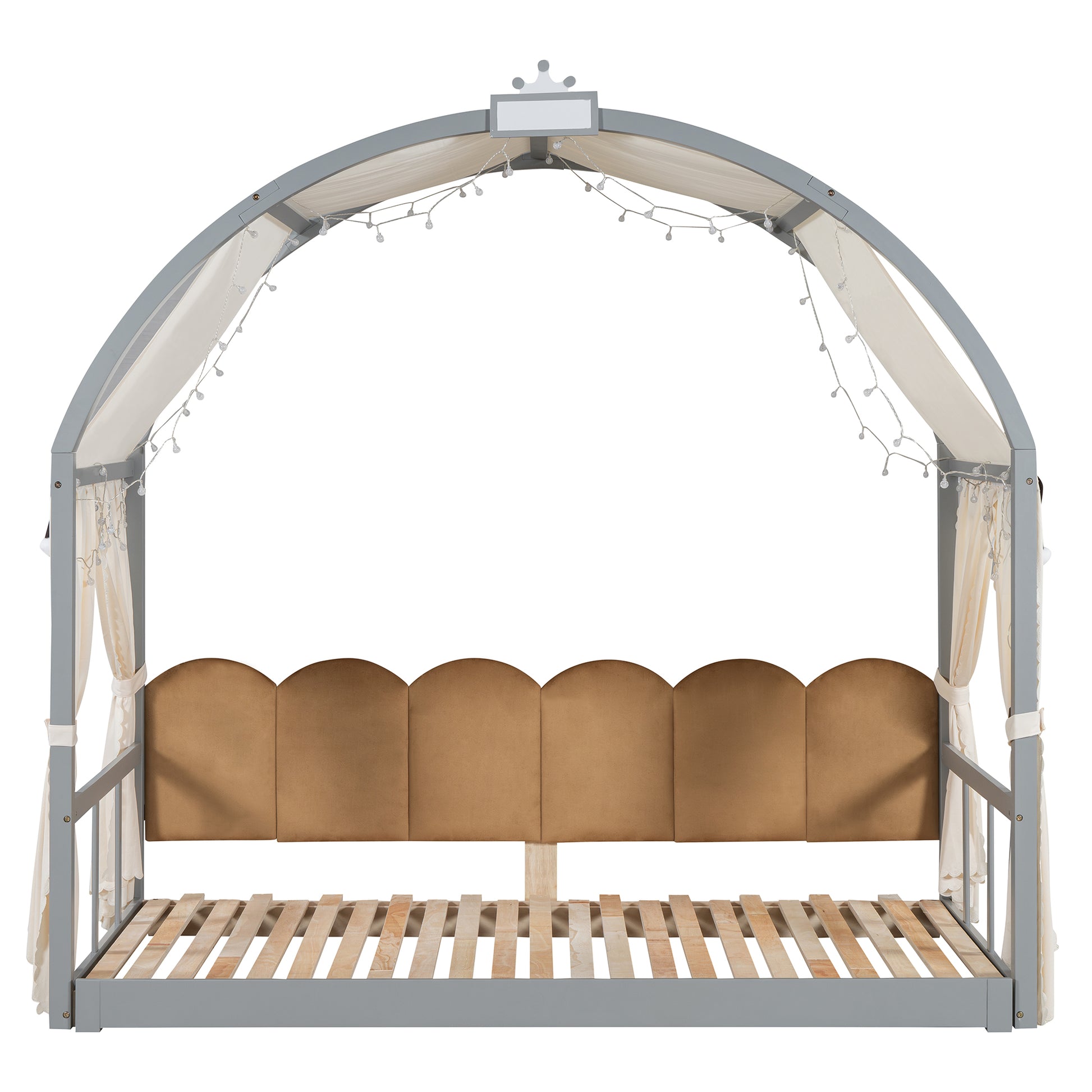 Twin Size Extended Bed With Arched Roof And Trundle, Gray Twin Gray Plywood