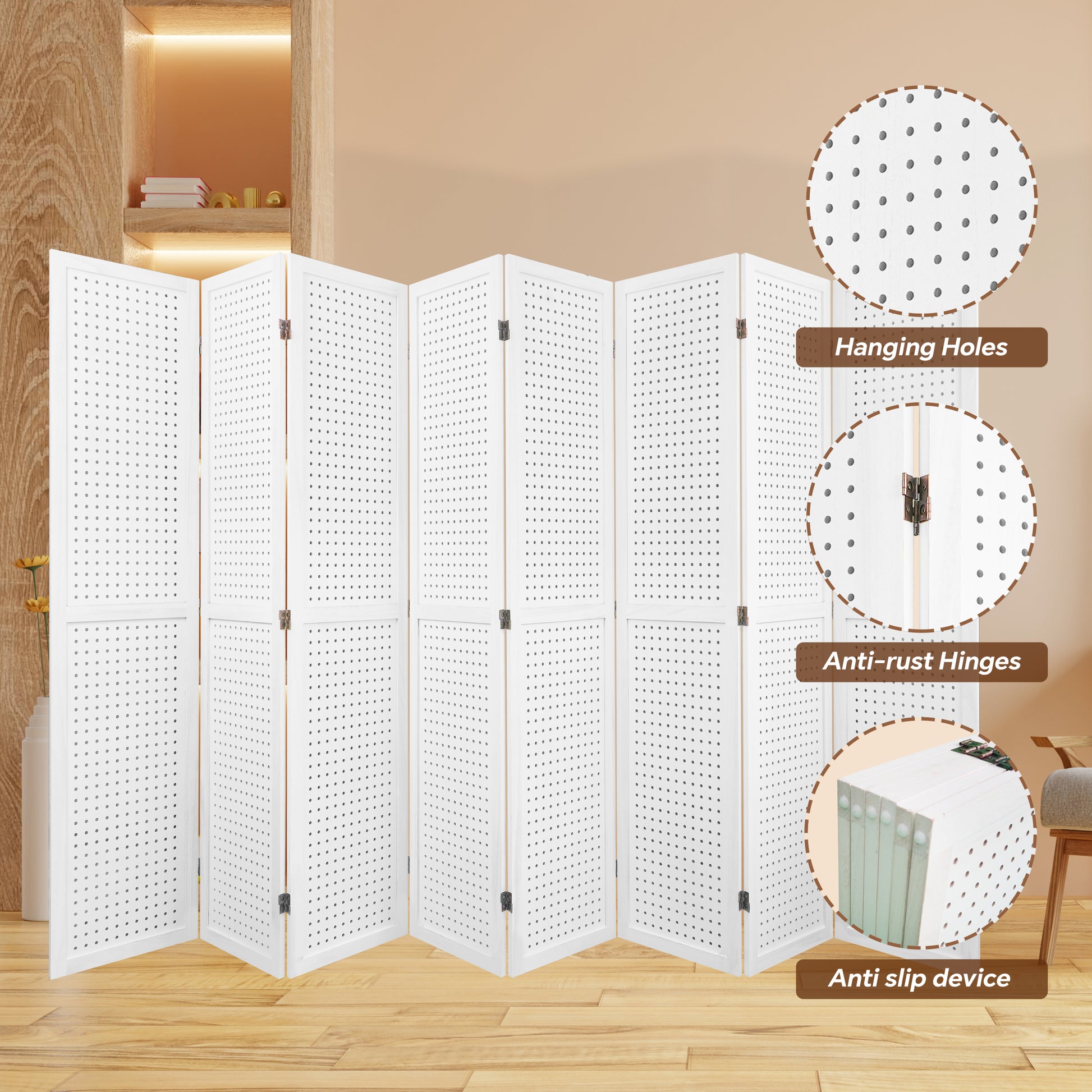 8 Panel Room Divider, 5.6Ft Pegboard Display Wooden Room Divider Folding Privacy Screen Room Divider Freestanding Peg Board Display For Trade Show Craft Show Home Wall Organizer,Elegant White White Modern Wood