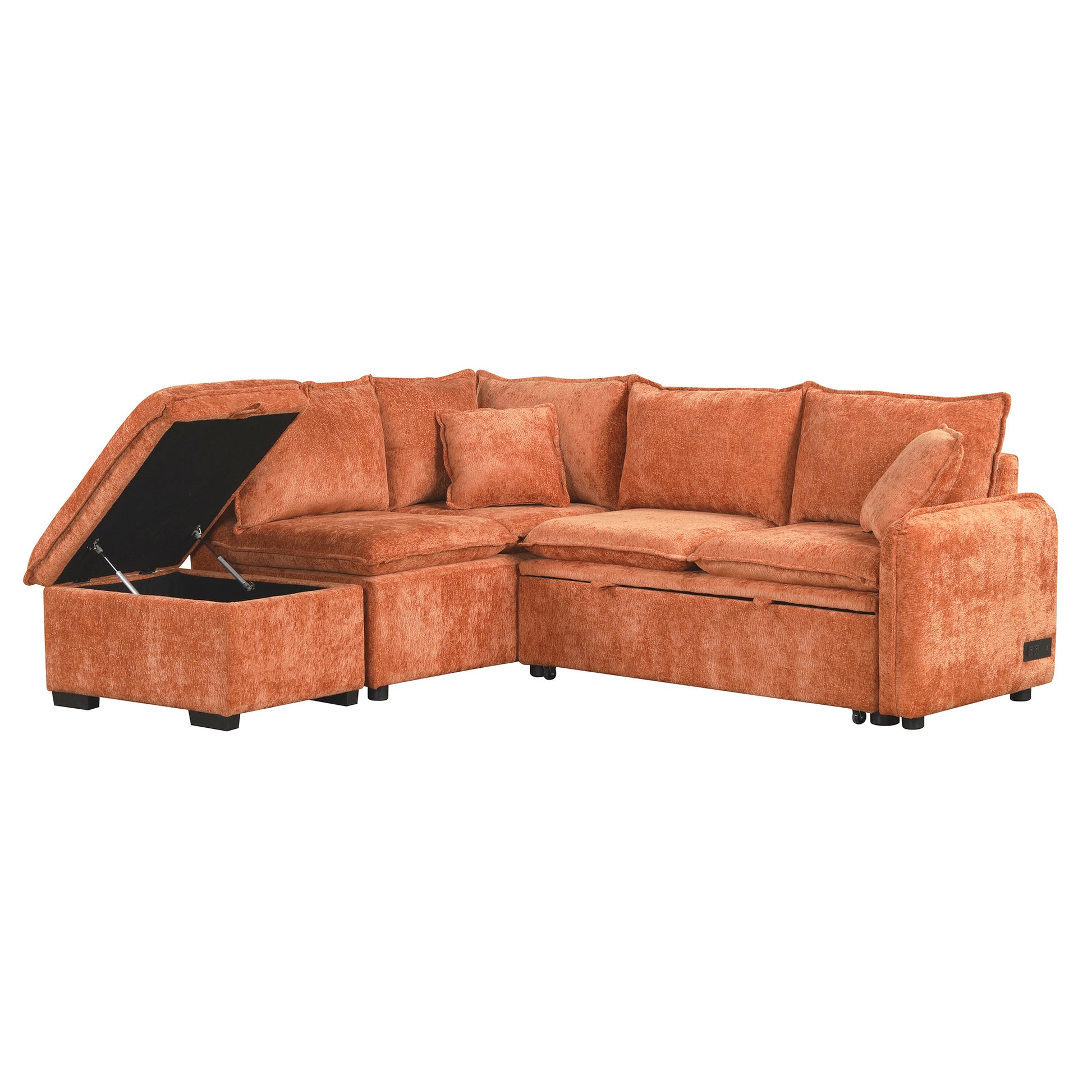 82.67"Convertible Sofa Bed Sectional Sofa Sleeper L Shaped Sofa With A Storage Ottoman,Two Pillows, Two Power Sockets And Two Usb Ports For Living Room, Orange Orange Foam Chenille 4 Seat